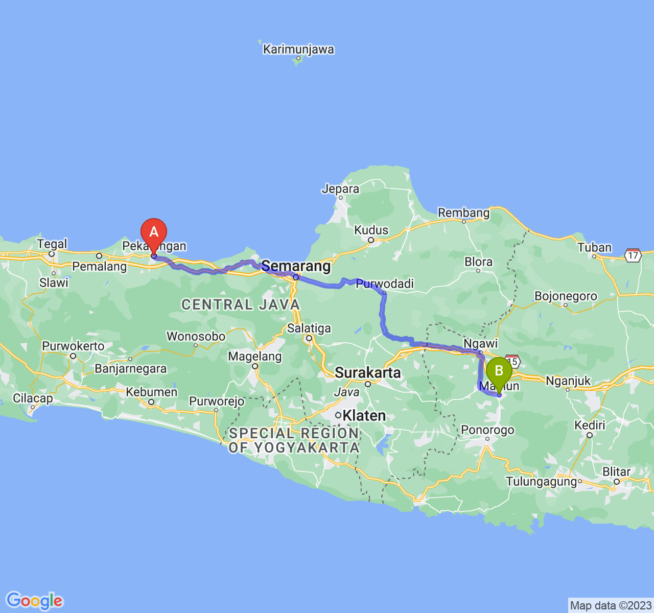 rute perjalanan Kota Pekalongan-Kota Madiun