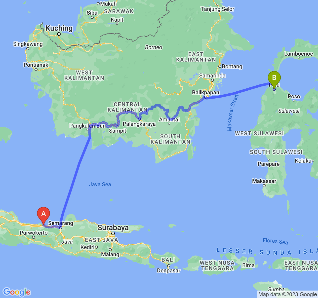 rute perjalanan Kota Pekalongan-Kota Palu