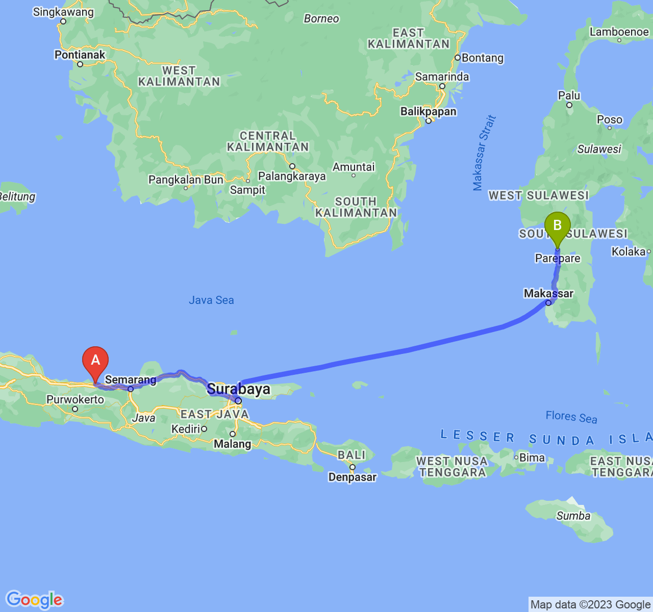 rute perjalanan Kota Pekalongan-Kota Parepare