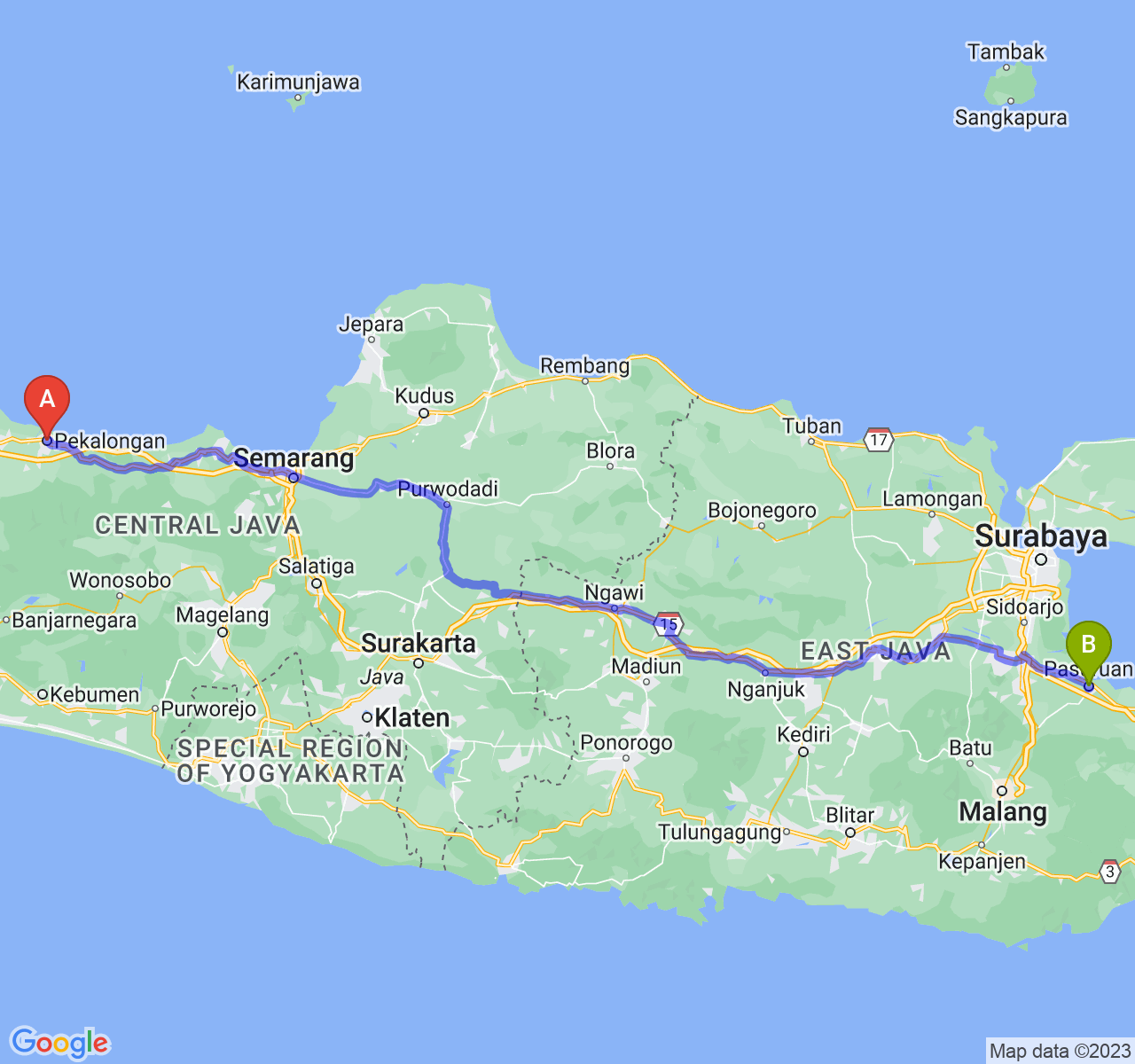 rute perjalanan Kota Pekalongan-Kota Pasuruan