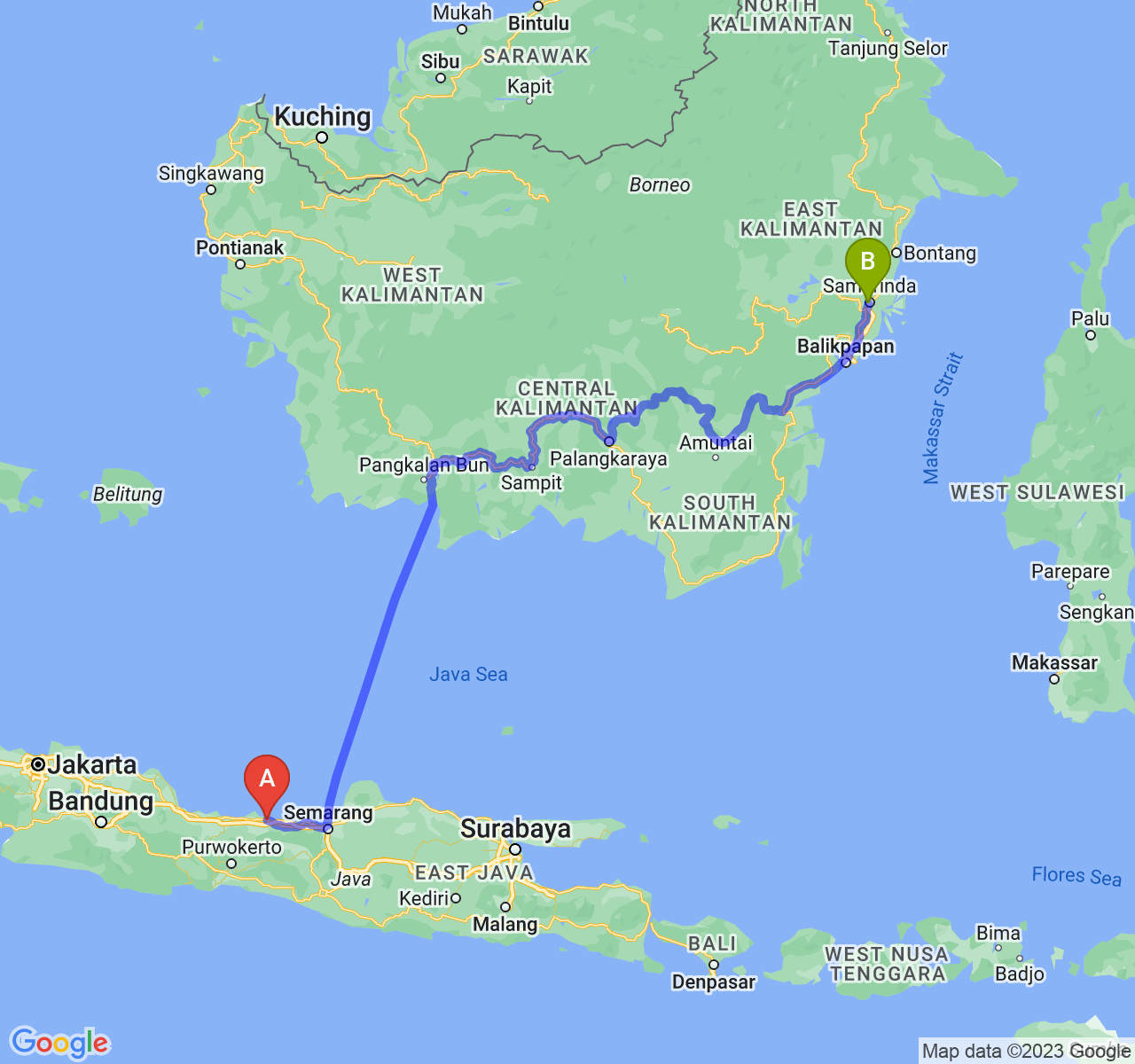 rute perjalanan Kota Pekalongan-Kota Samarinda