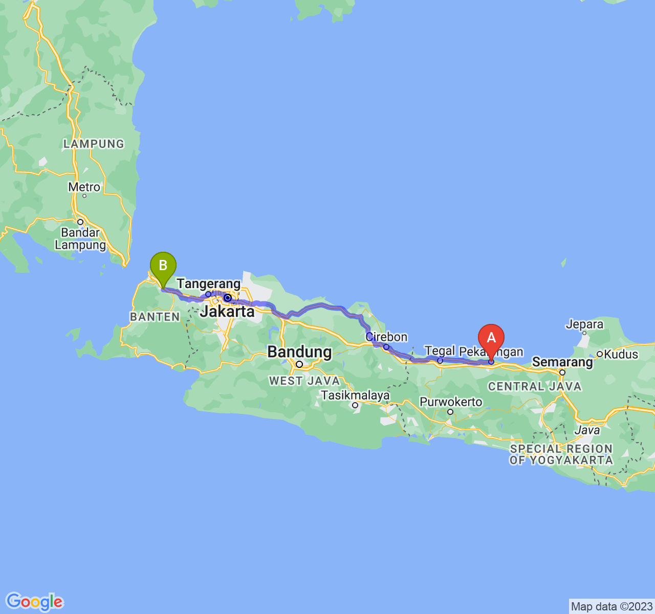 rute perjalanan Kota Pekalongan-Kota Serang