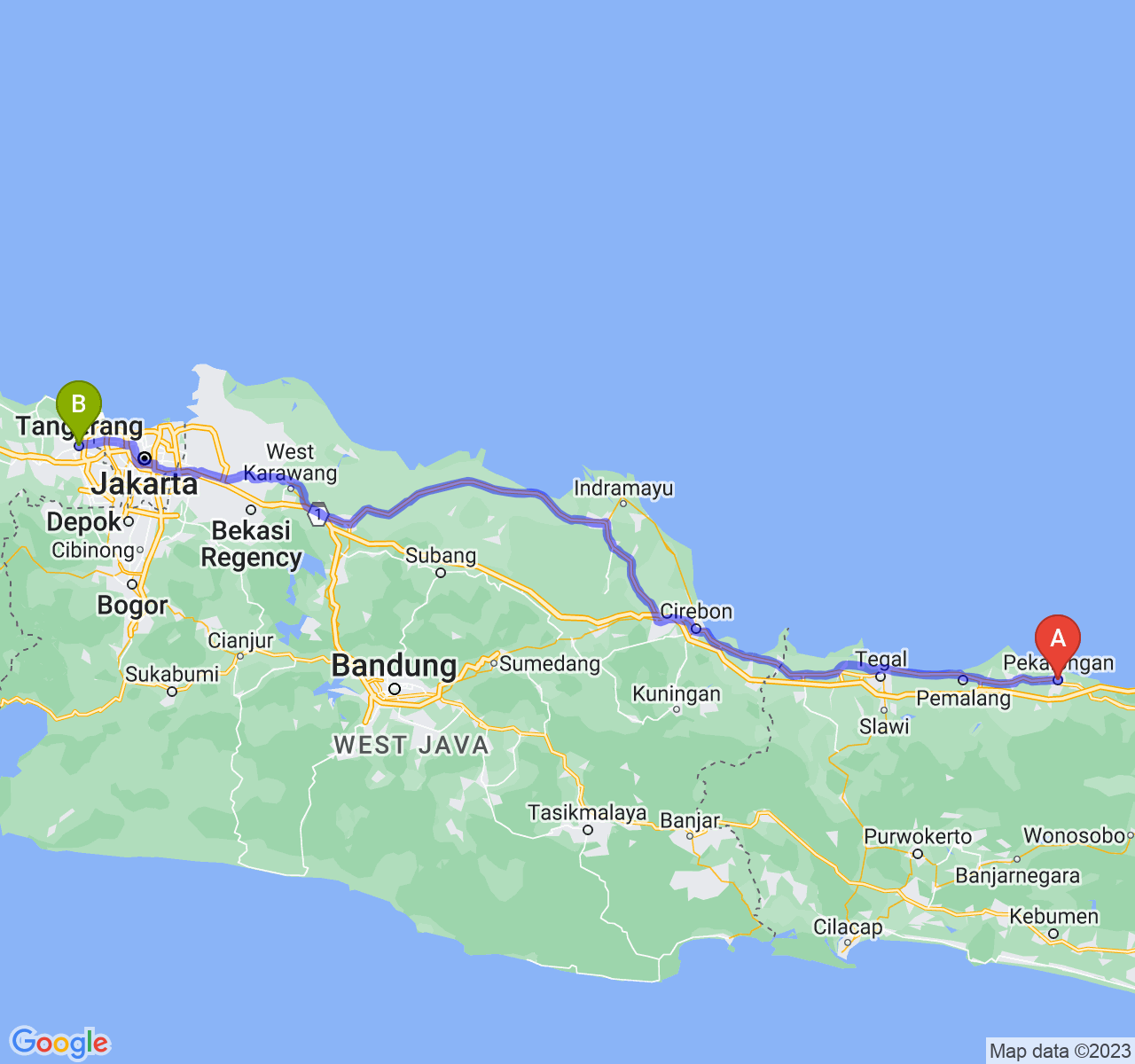 rute perjalanan Kota Pekalongan-Kota Tangerang