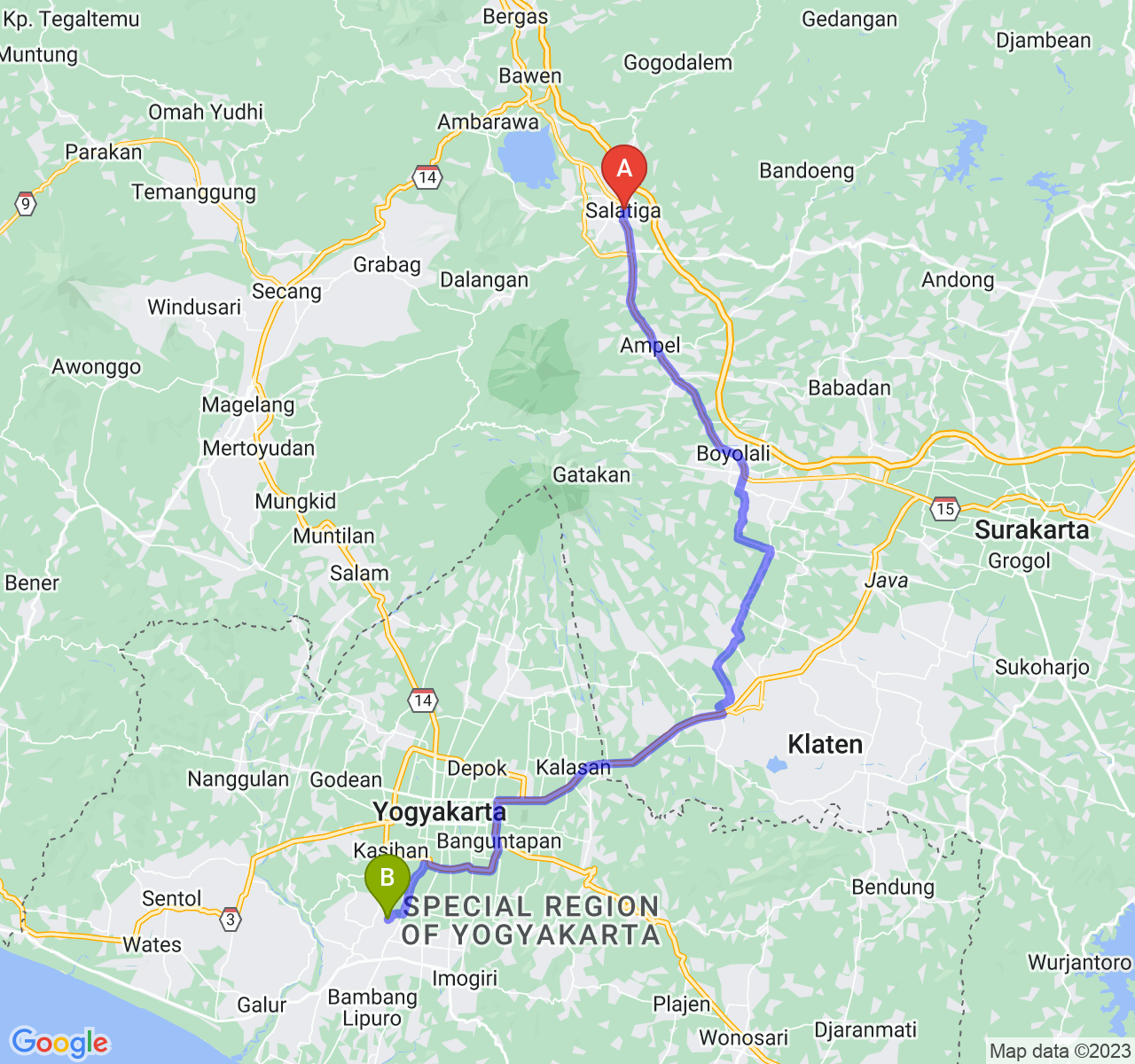 rute perjalanan Kota Salatiga-Kab. Bantul