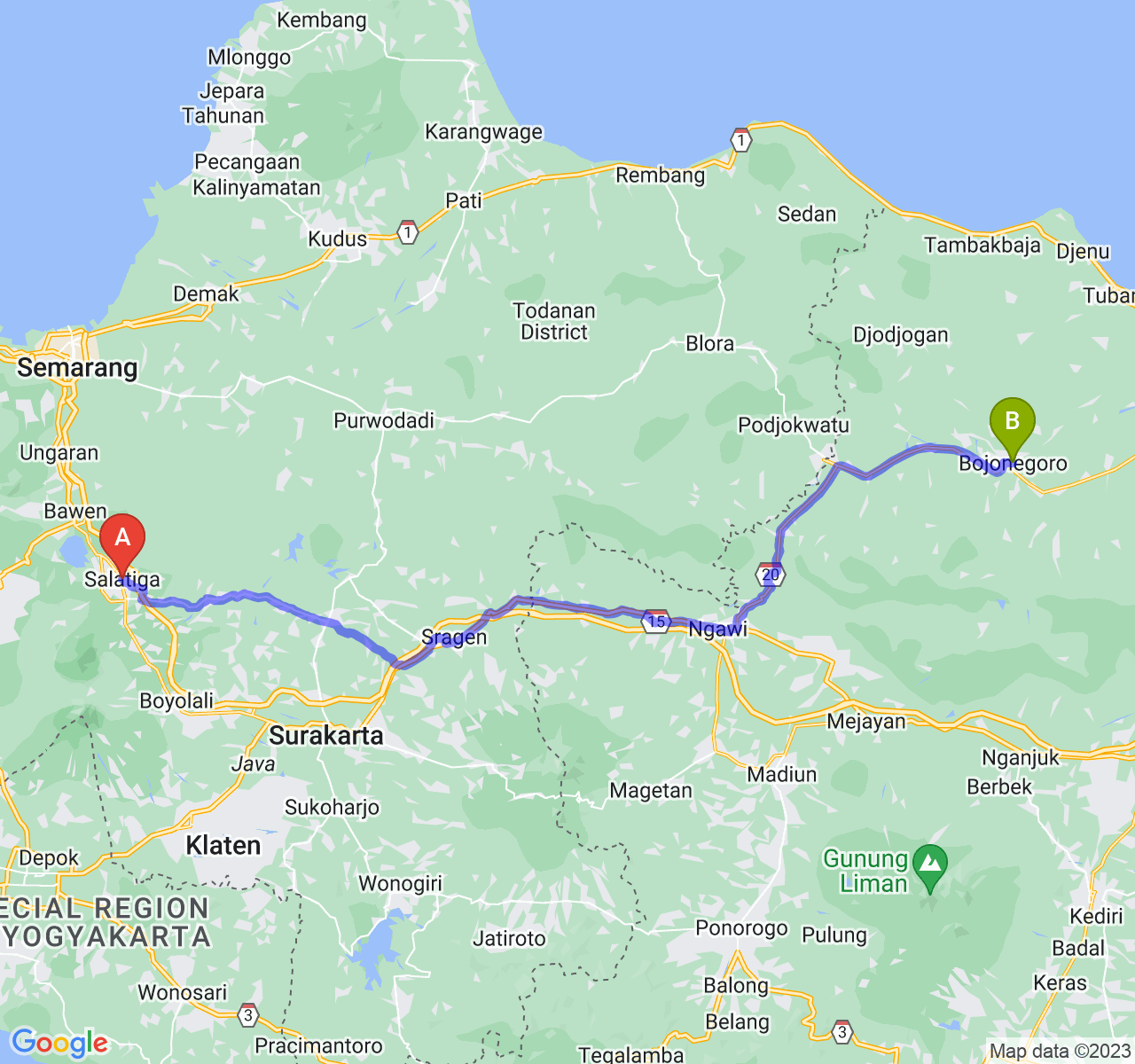 rute perjalanan Kota Salatiga-Kab. Bojonegoro