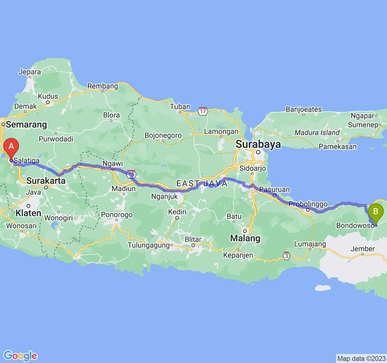 rute perjalanan Kota Salatiga-Kab. Bondowoso