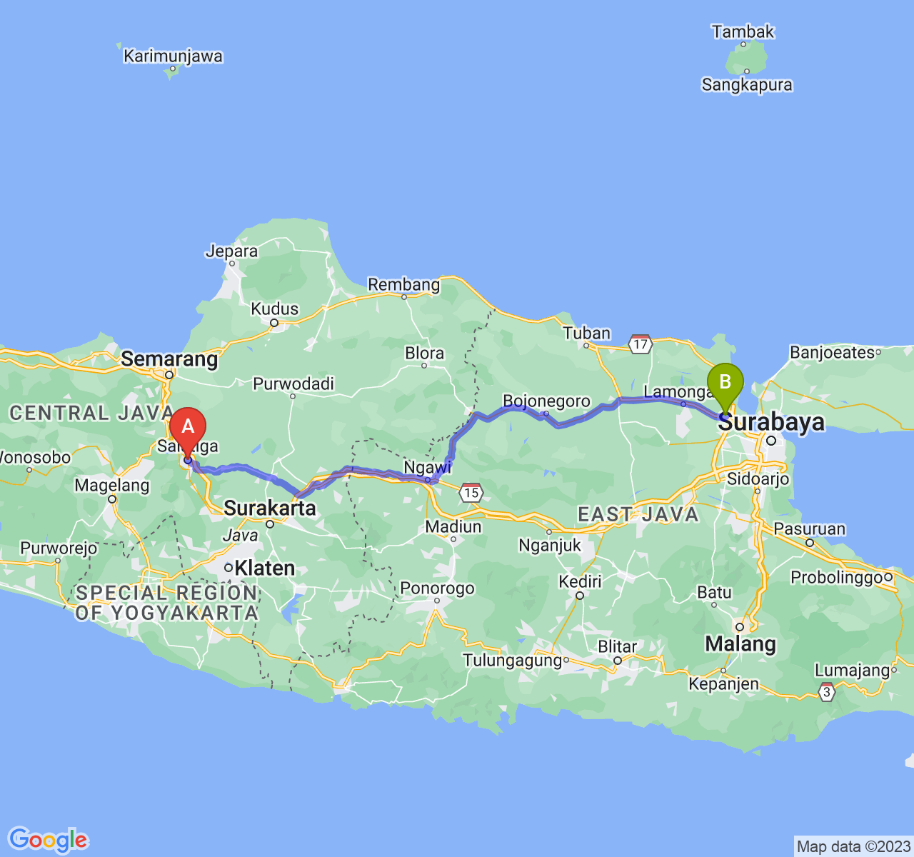 rute perjalanan Kota Salatiga-Kab. Gresik