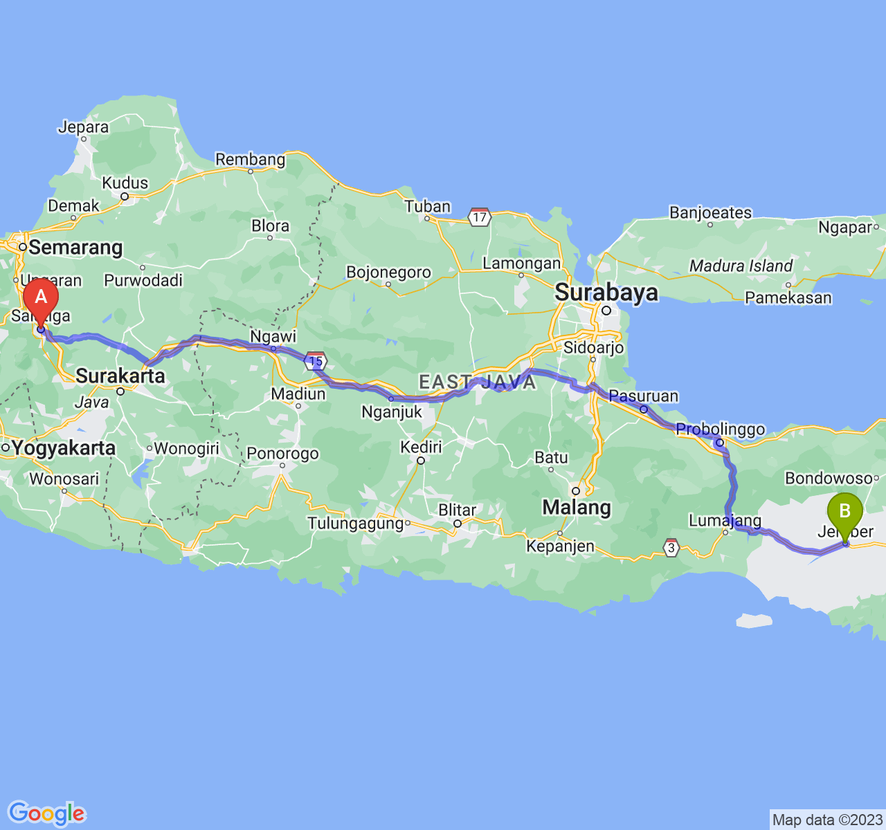 rute perjalanan Kota Salatiga-Kab. Jember