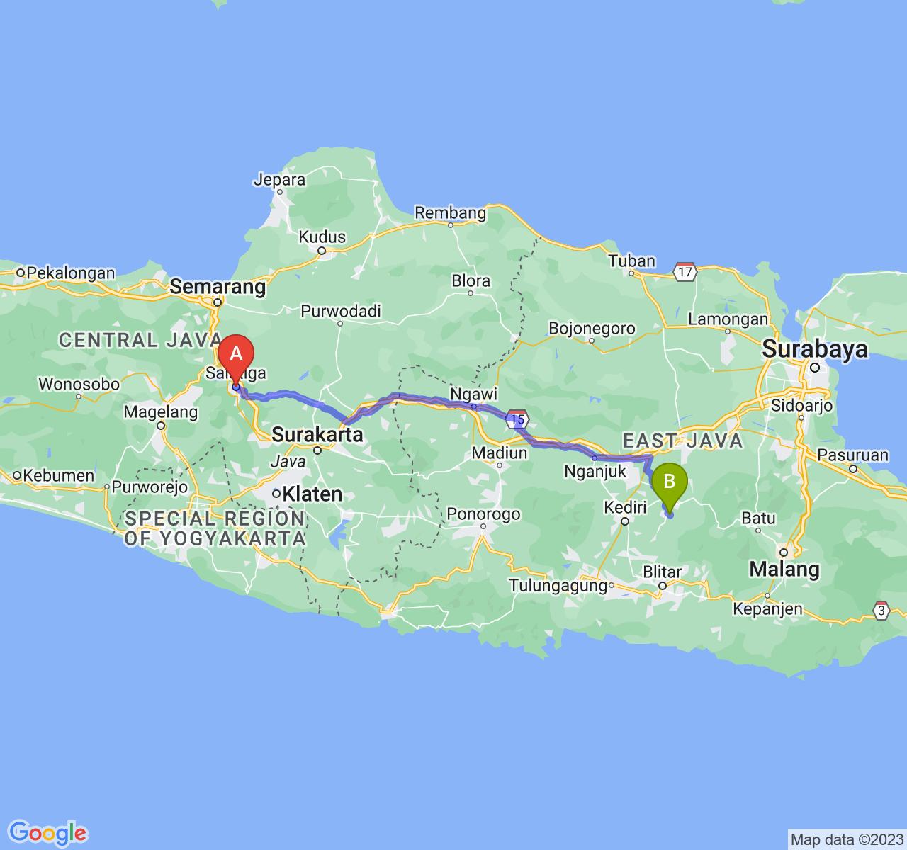 rute perjalanan Kota Salatiga-Kab. Kediri