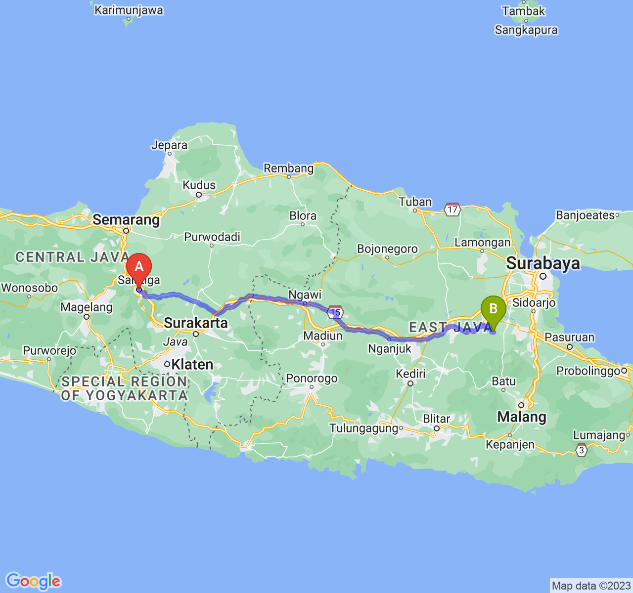 rute perjalanan Kota Salatiga-Kab. Mojokerto