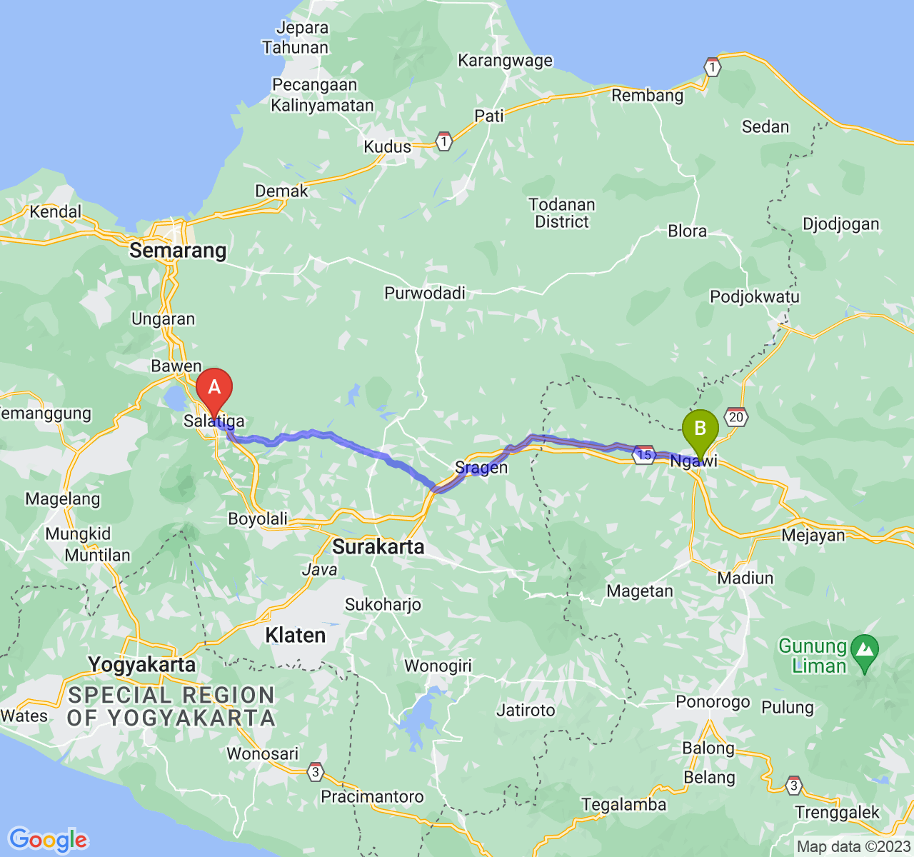 rute perjalanan Kota Salatiga-Kab. Ngawi