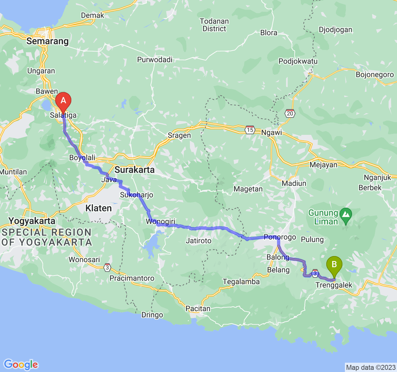 rute perjalanan Kota Salatiga-Kab. Trenggalek