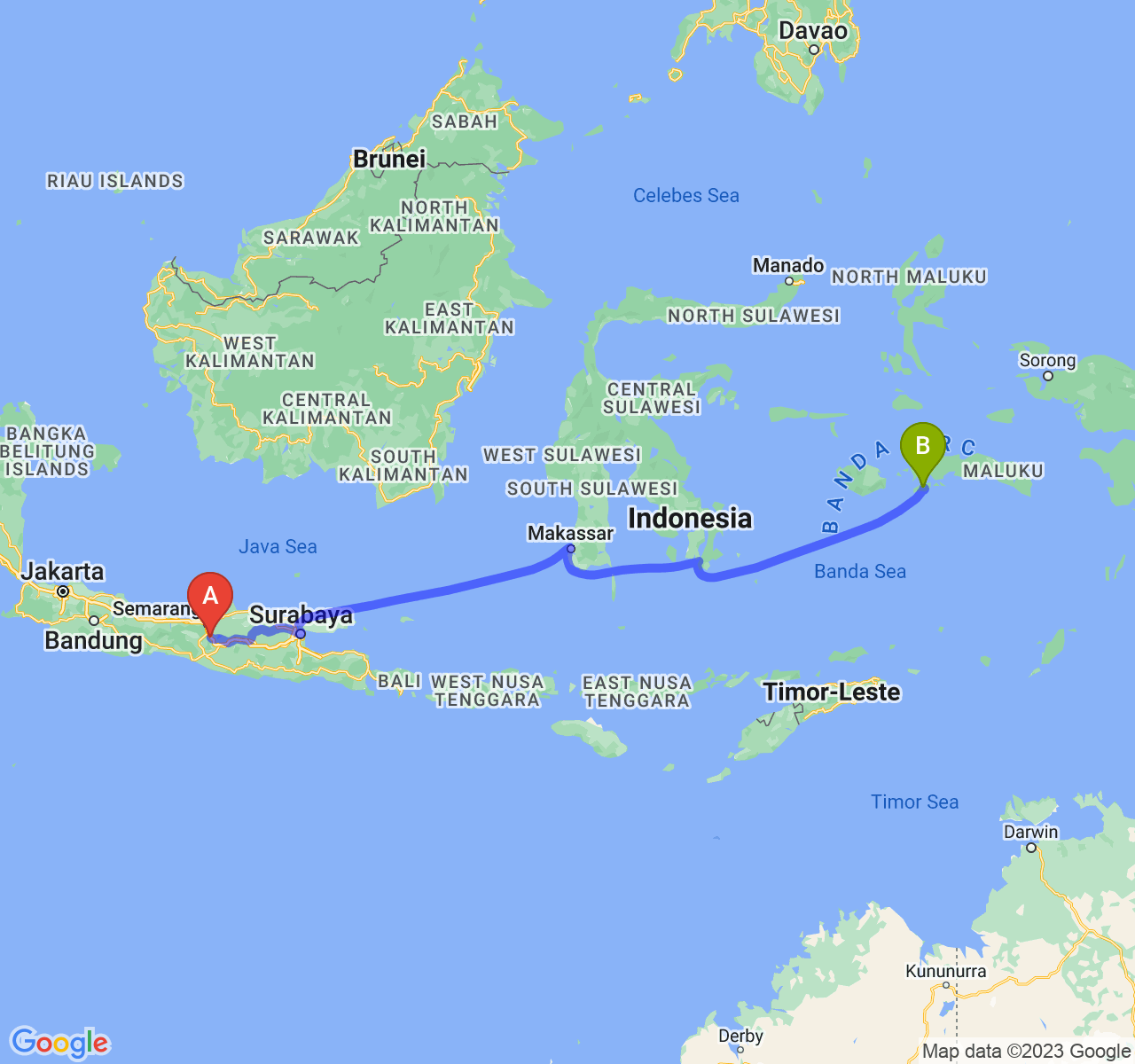 rute perjalanan Kota Salatiga-Kota Ambon