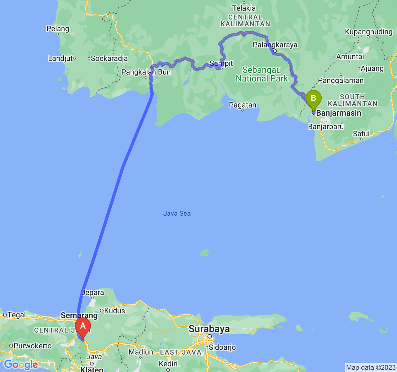 rute perjalanan Kota Salatiga-Kota Banjarmasin