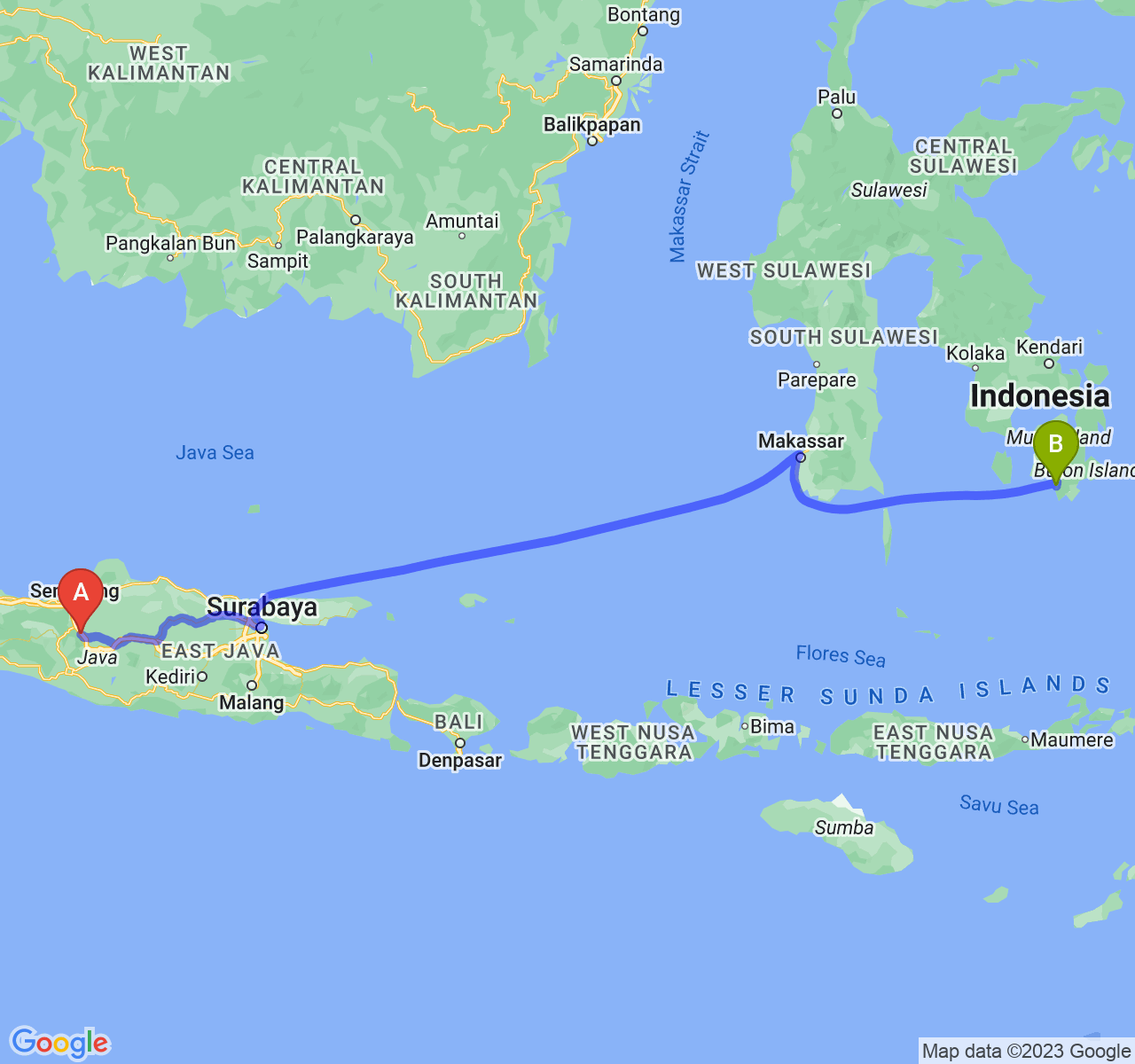 rute perjalanan Kota Salatiga-Kota Baubau