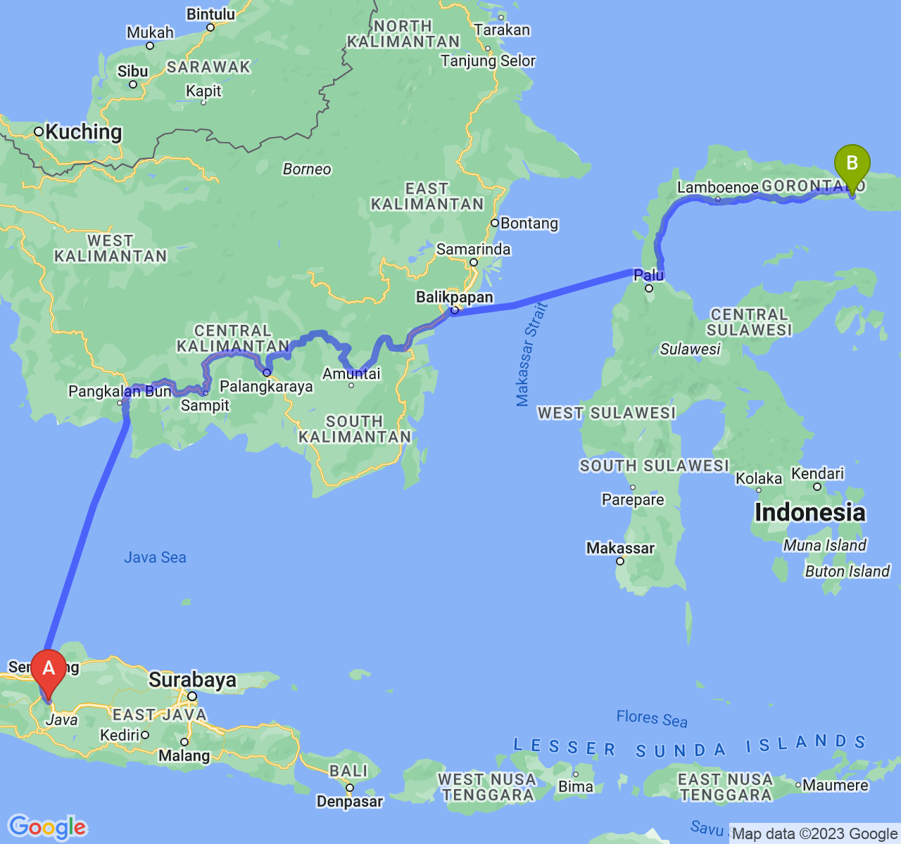 rute perjalanan Kota Salatiga-Kota Gorontalo