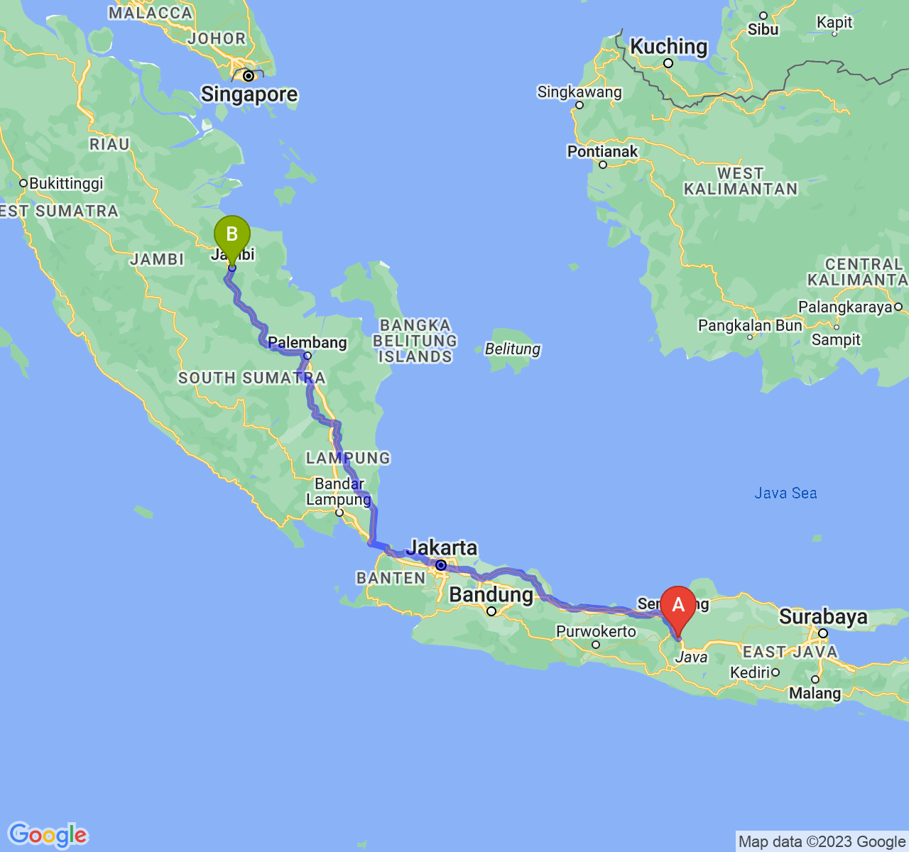 rute perjalanan Kota Salatiga-Kota Jambi