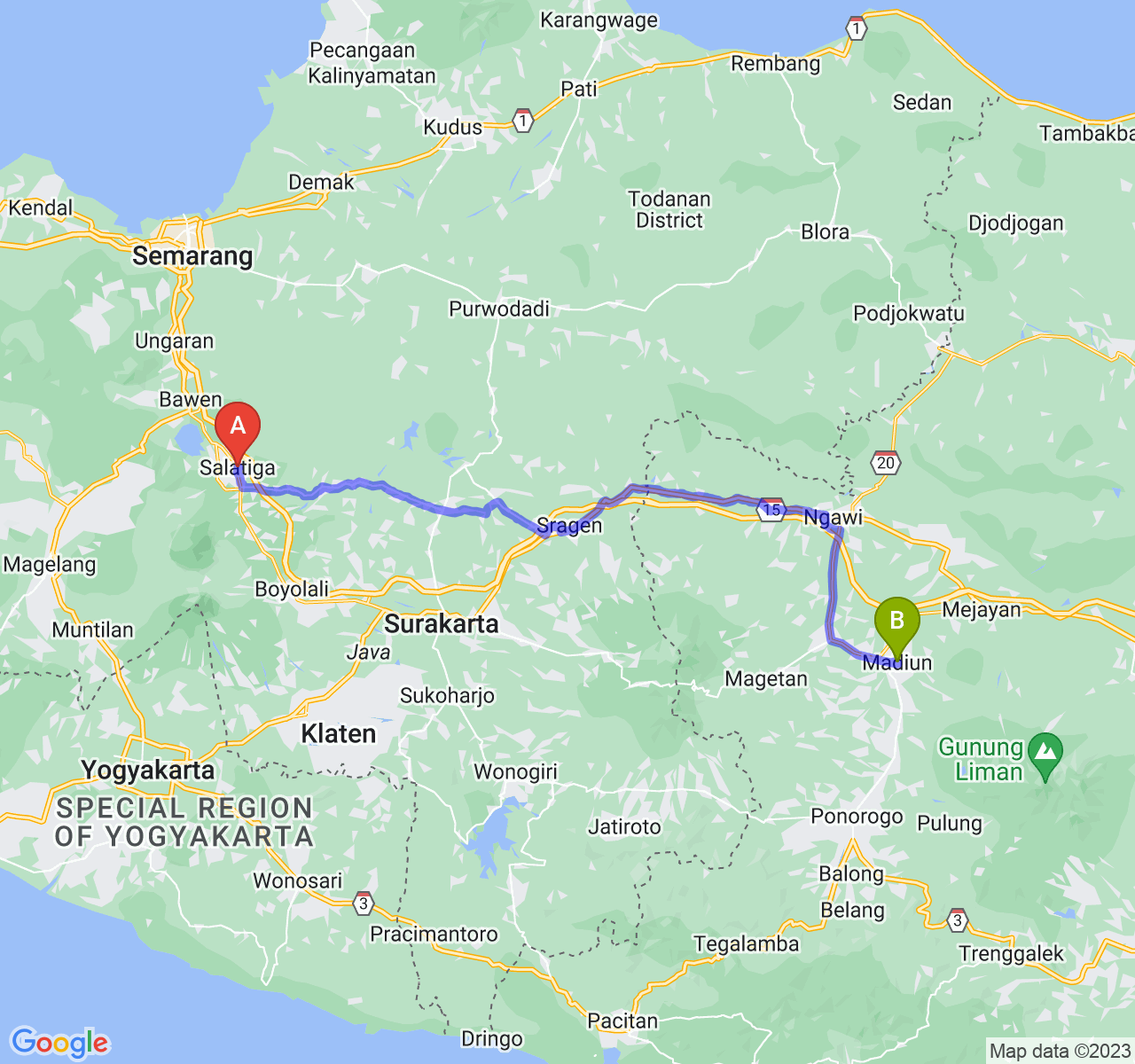 rute perjalanan Kota Salatiga-Kota Madiun