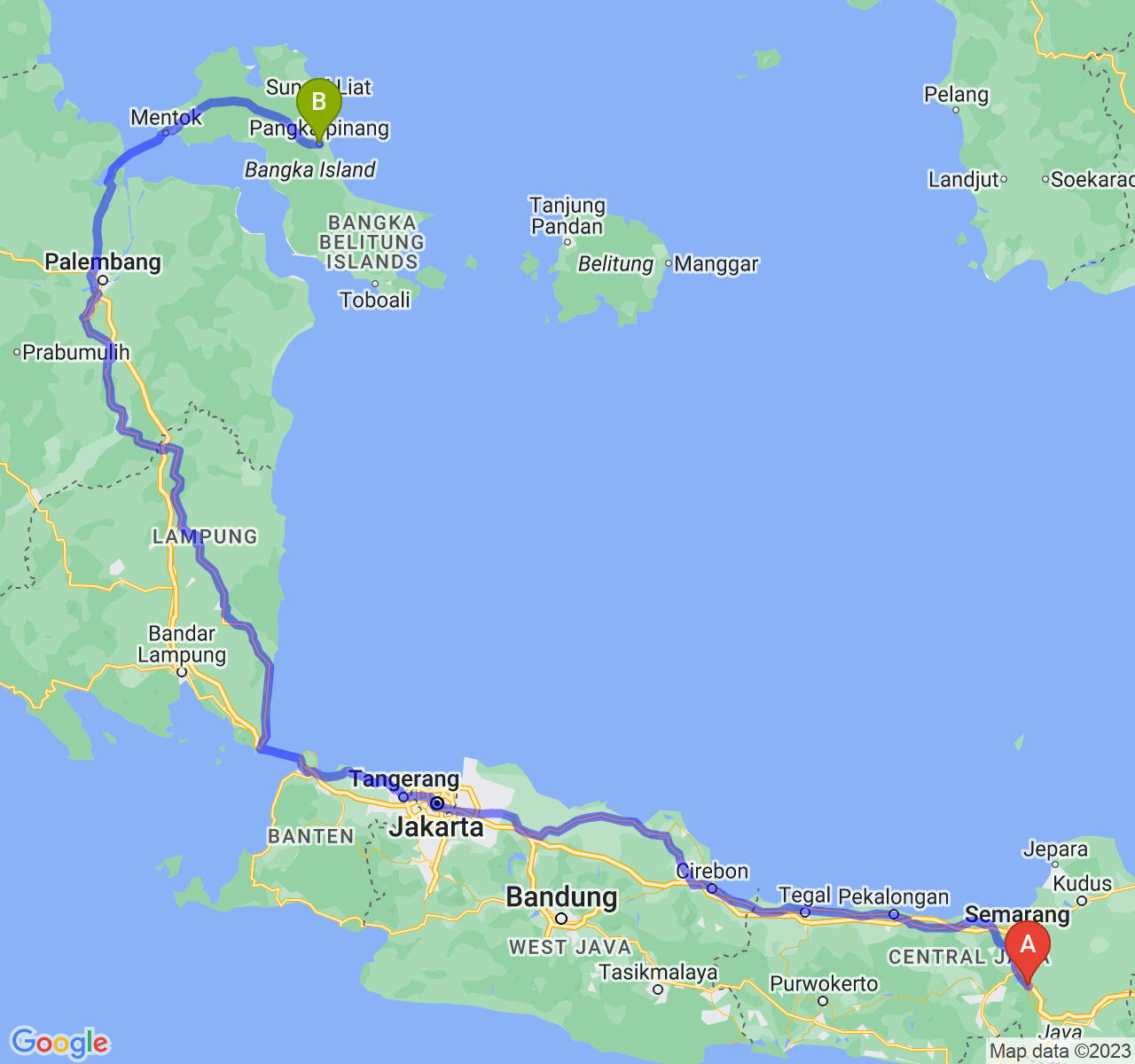 rute perjalanan Kota Salatiga-Kota Pangkalpinang