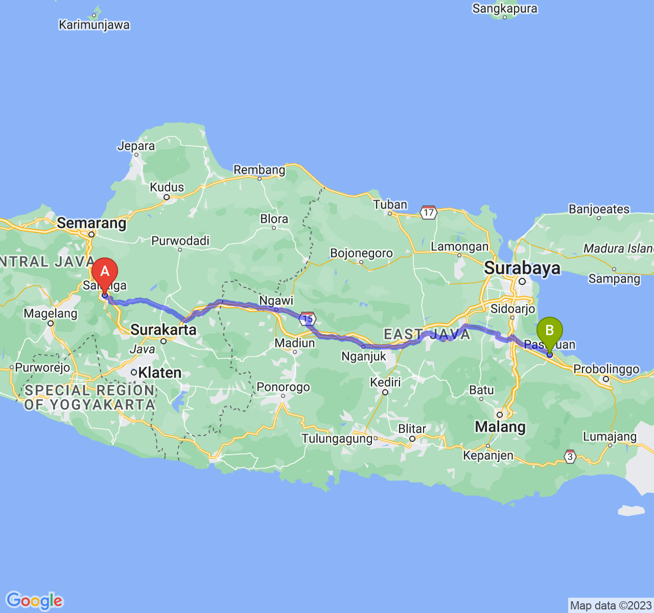 rute perjalanan Kota Salatiga-Kota Pasuruan