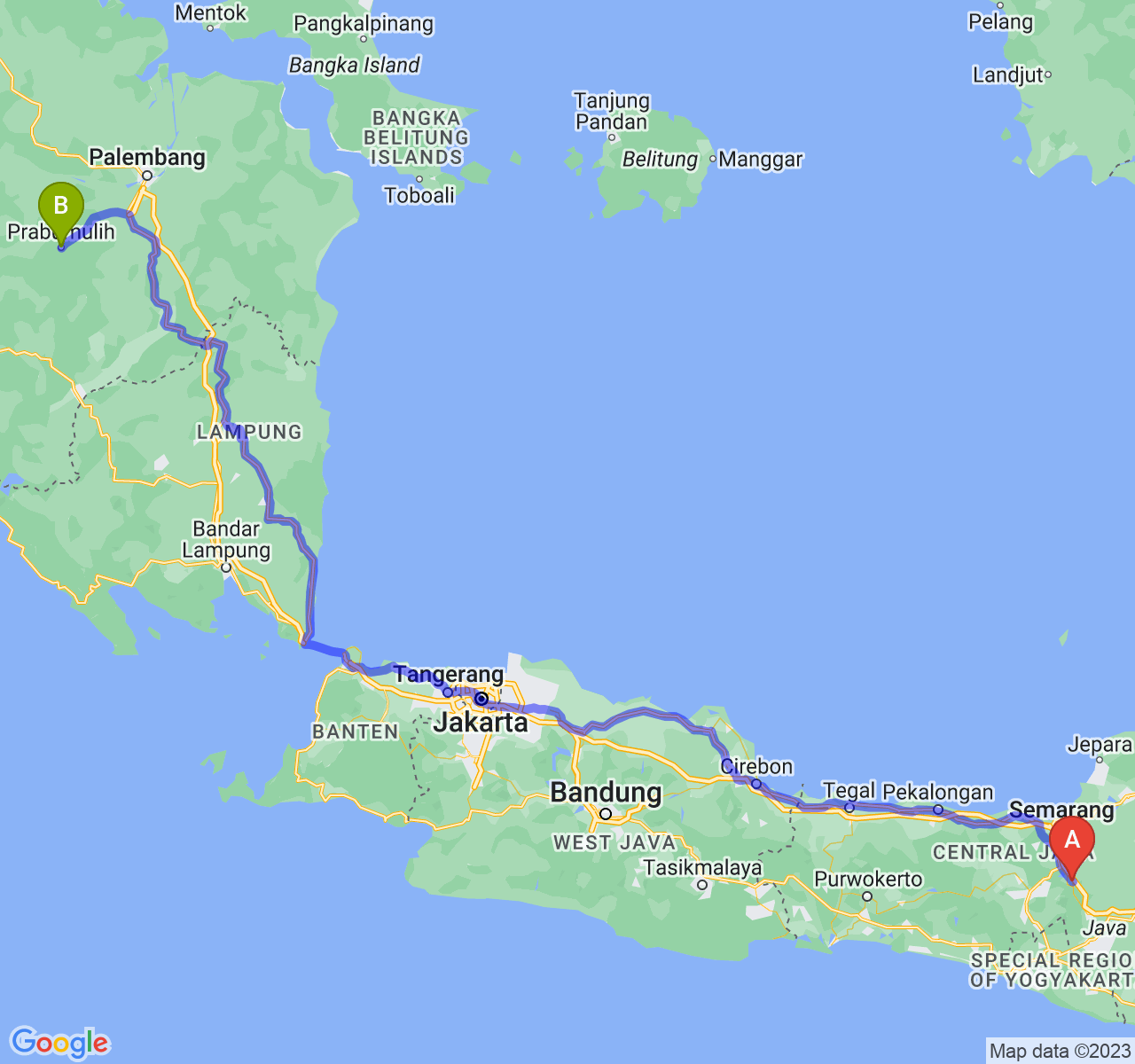 rute perjalanan Kota Salatiga-Kota Prabumulih