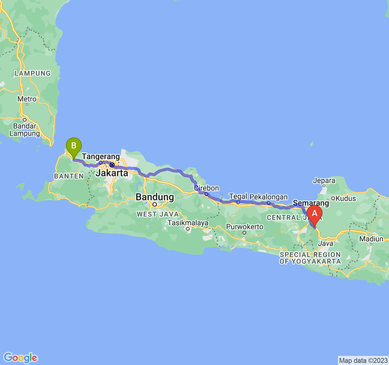 rute perjalanan Kota Salatiga-Kota Serang