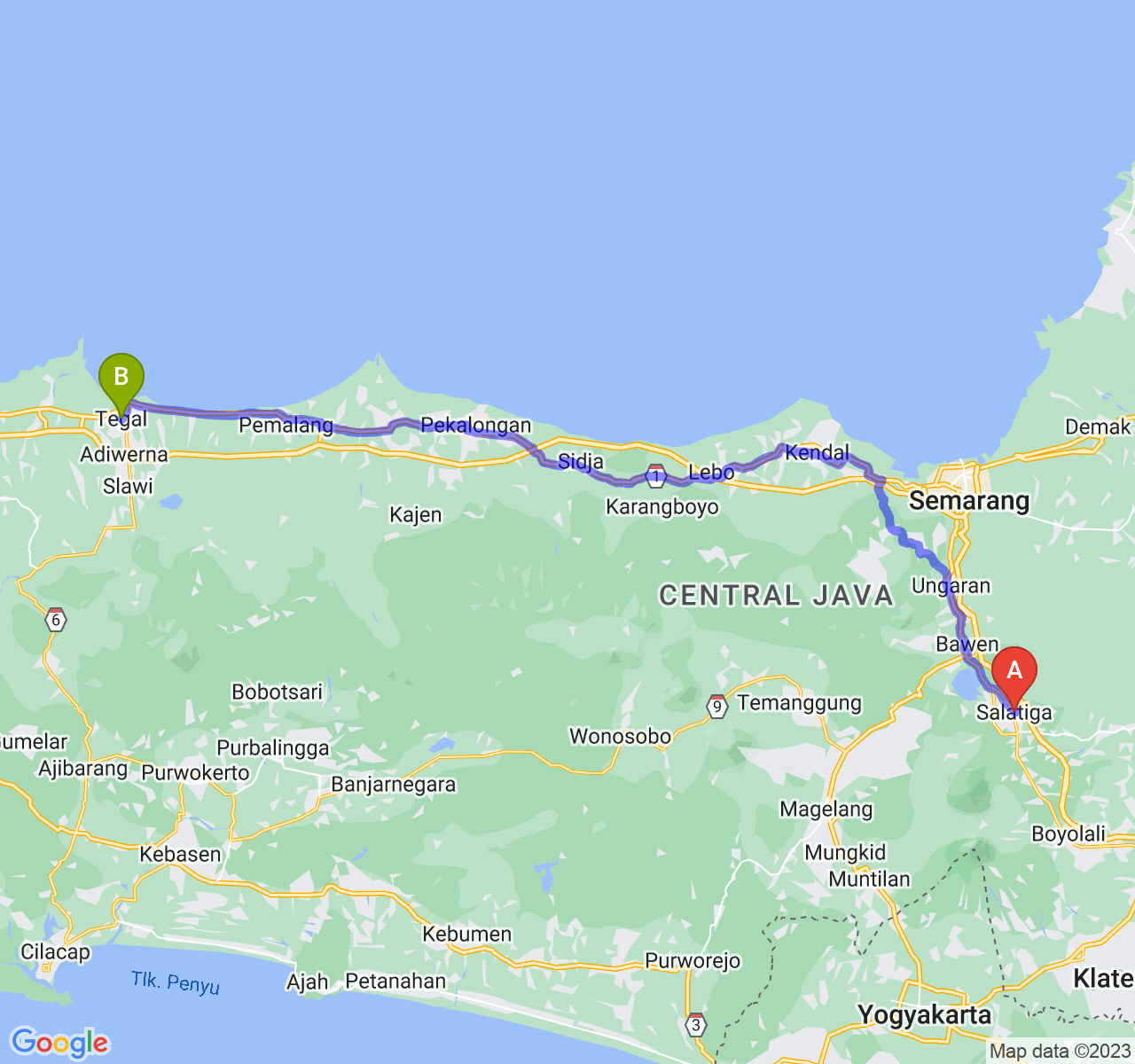 rute perjalanan Kota Salatiga-Kota Tegal