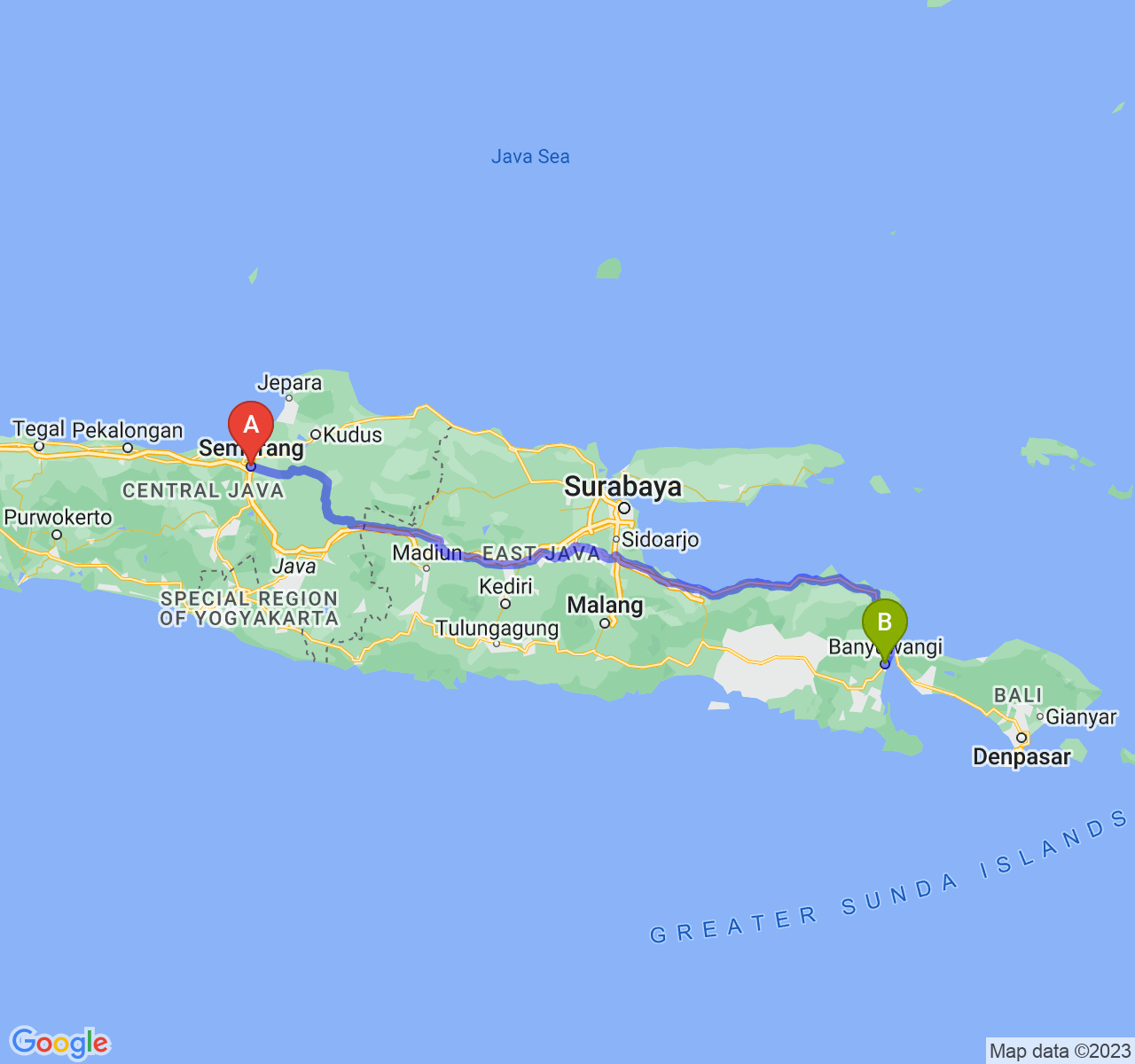 rute perjalanan Kota Semarang-Kab. Banyuwangi