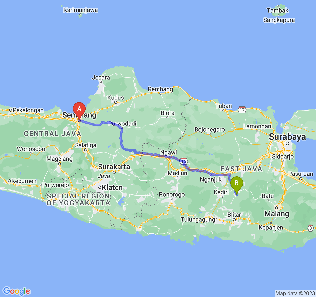 rute perjalanan Kota Semarang-Kab. Kediri