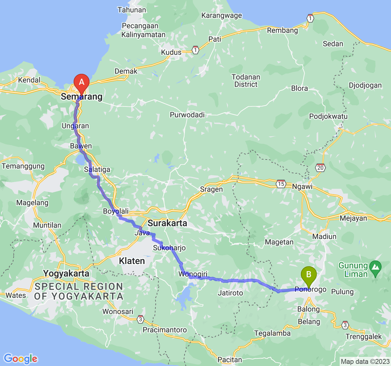 rute perjalanan Kota Semarang-Kab. Ponorogo