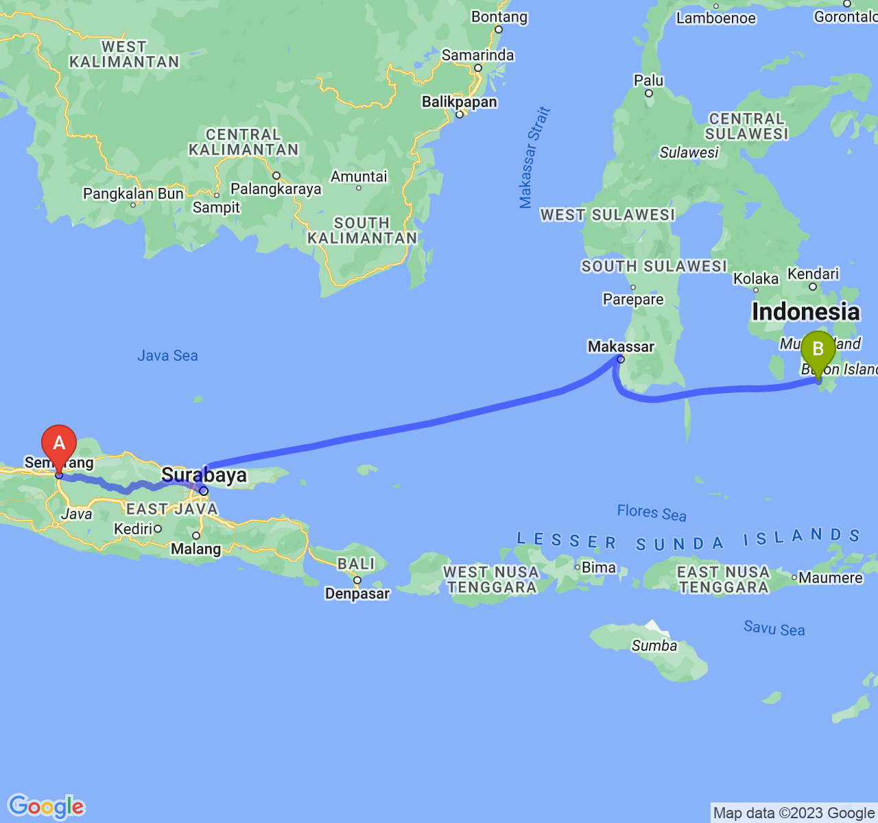 rute perjalanan Kota Semarang-Kota Baubau