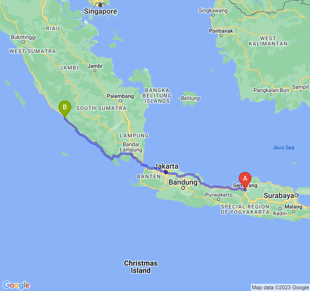 rute perjalanan Kota Semarang-Kota Bengkulu