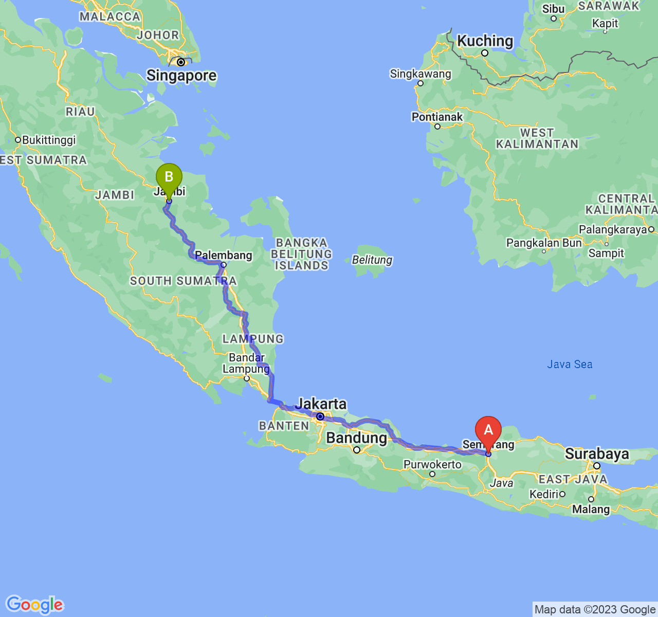 rute perjalanan Kota Semarang-Kota Jambi