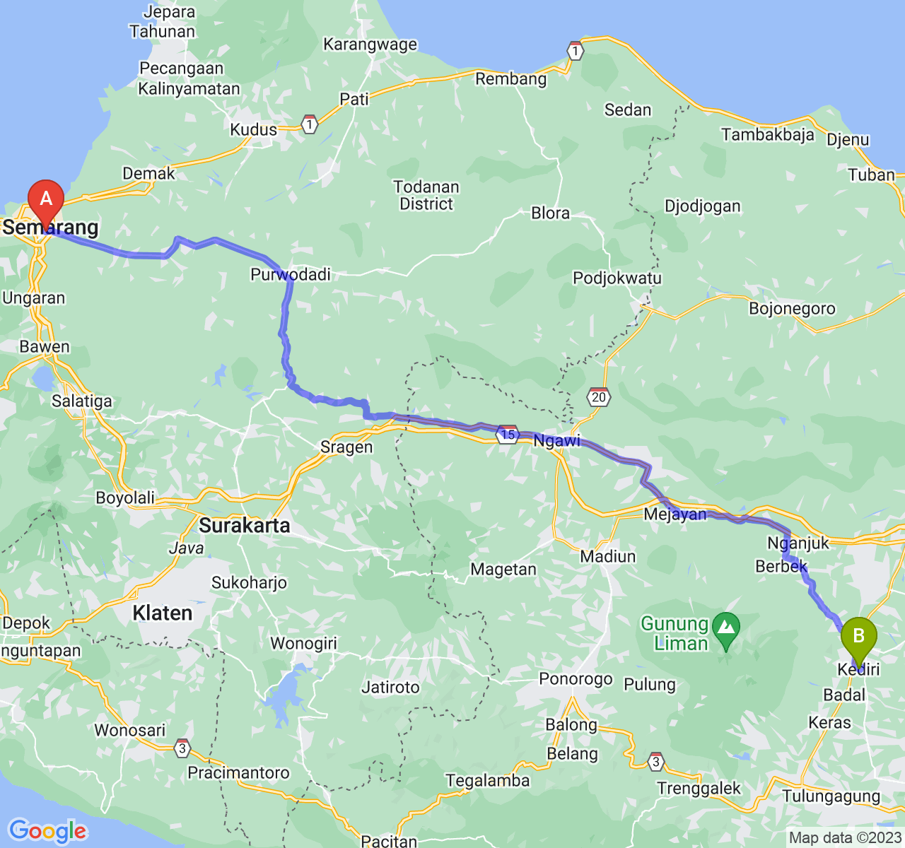 rute perjalanan Kota Semarang-Kota Kediri