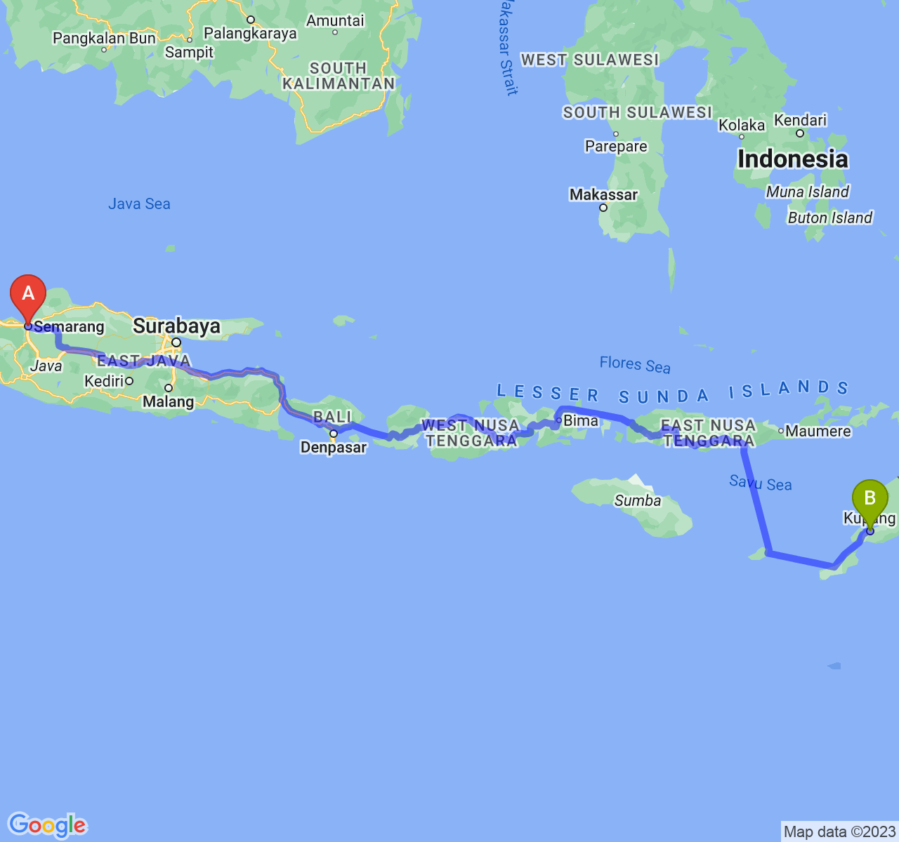 rute perjalanan Kota Semarang-Kota Kupang