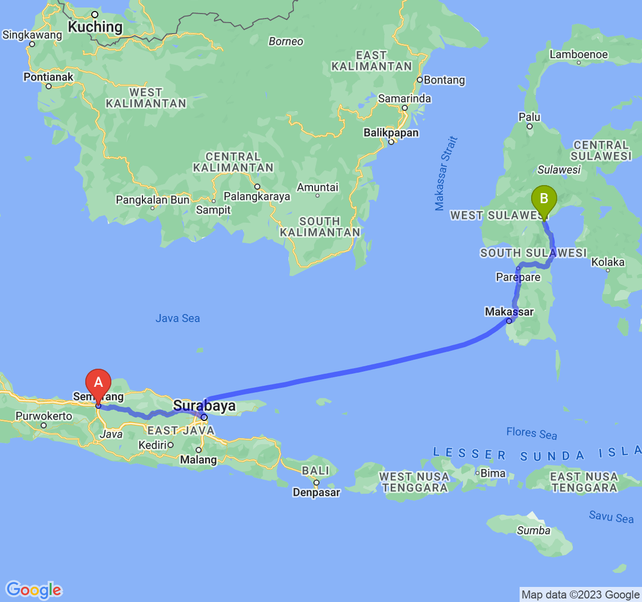 rute perjalanan Kota Semarang-Kota Palopo