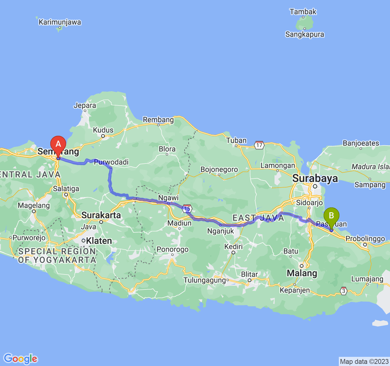 rute perjalanan Kota Semarang-Kota Pasuruan