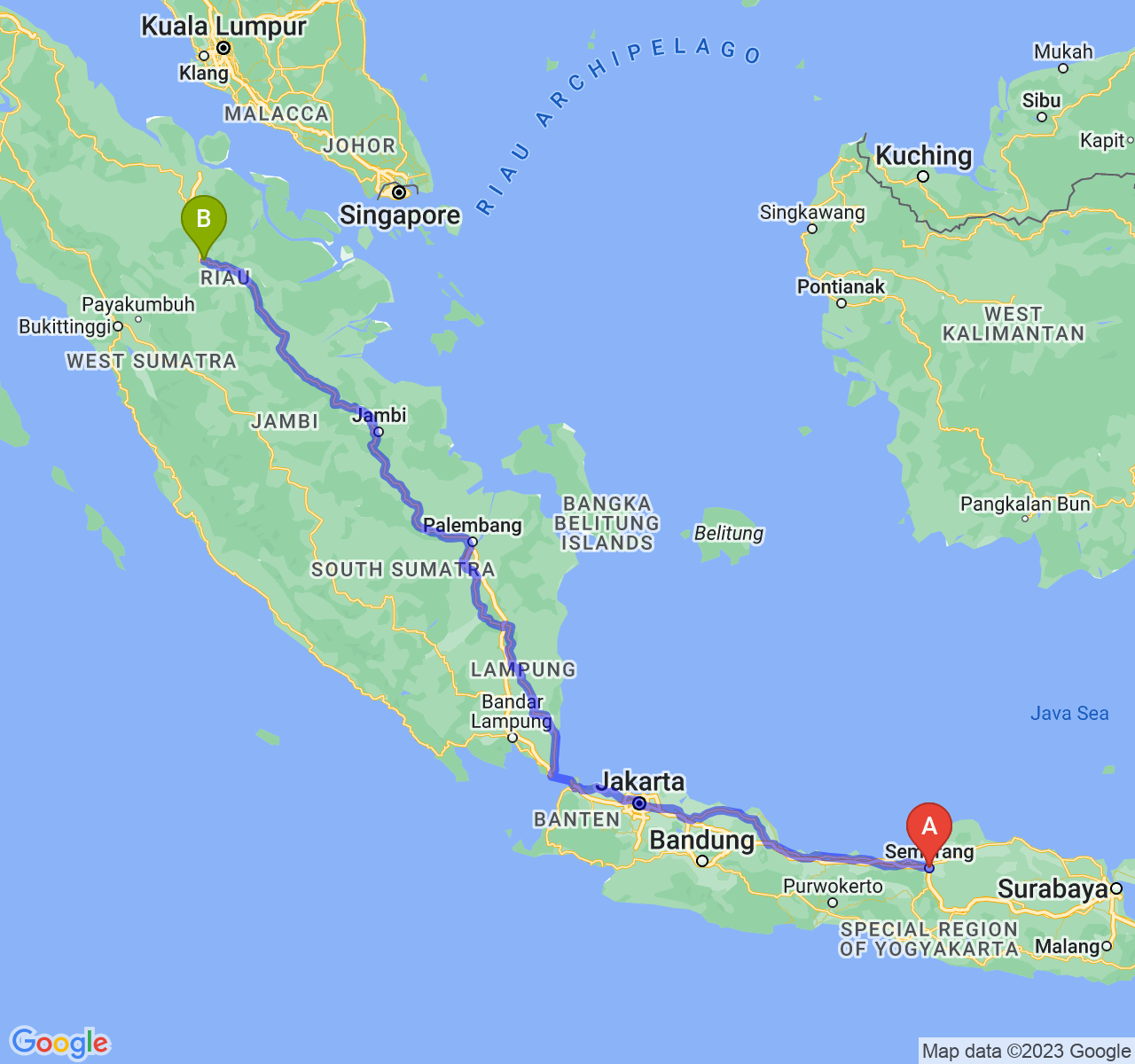 rute perjalanan Kota Semarang-Kota Pekanbaru