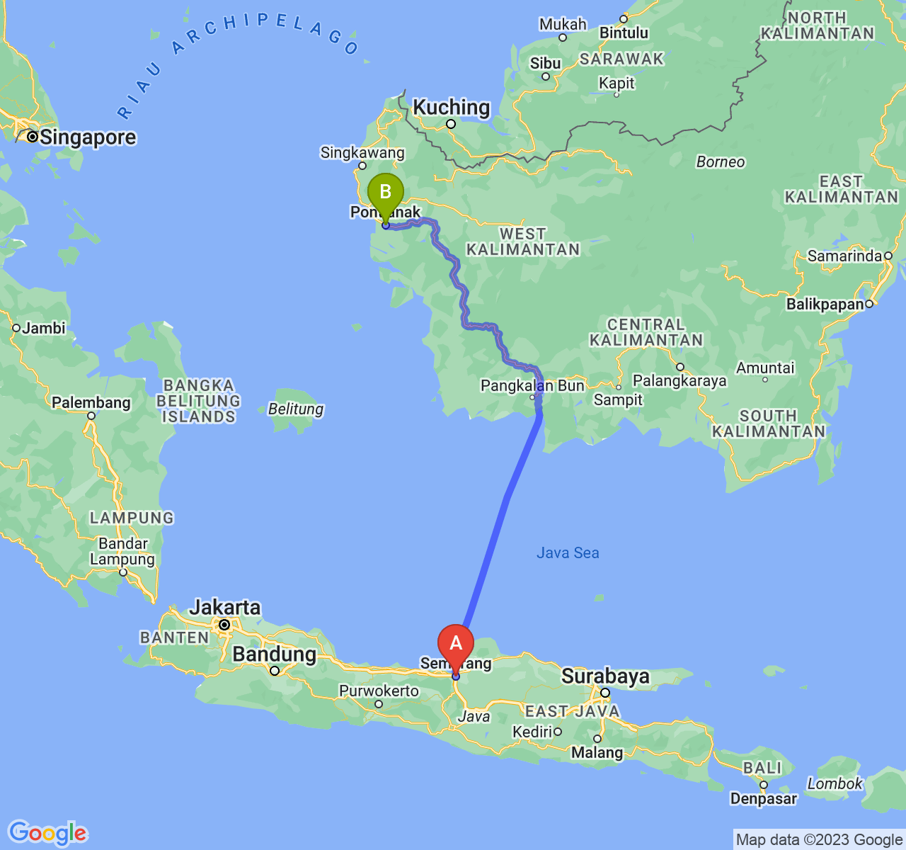 rute perjalanan Kota Semarang-Kota Pontianak