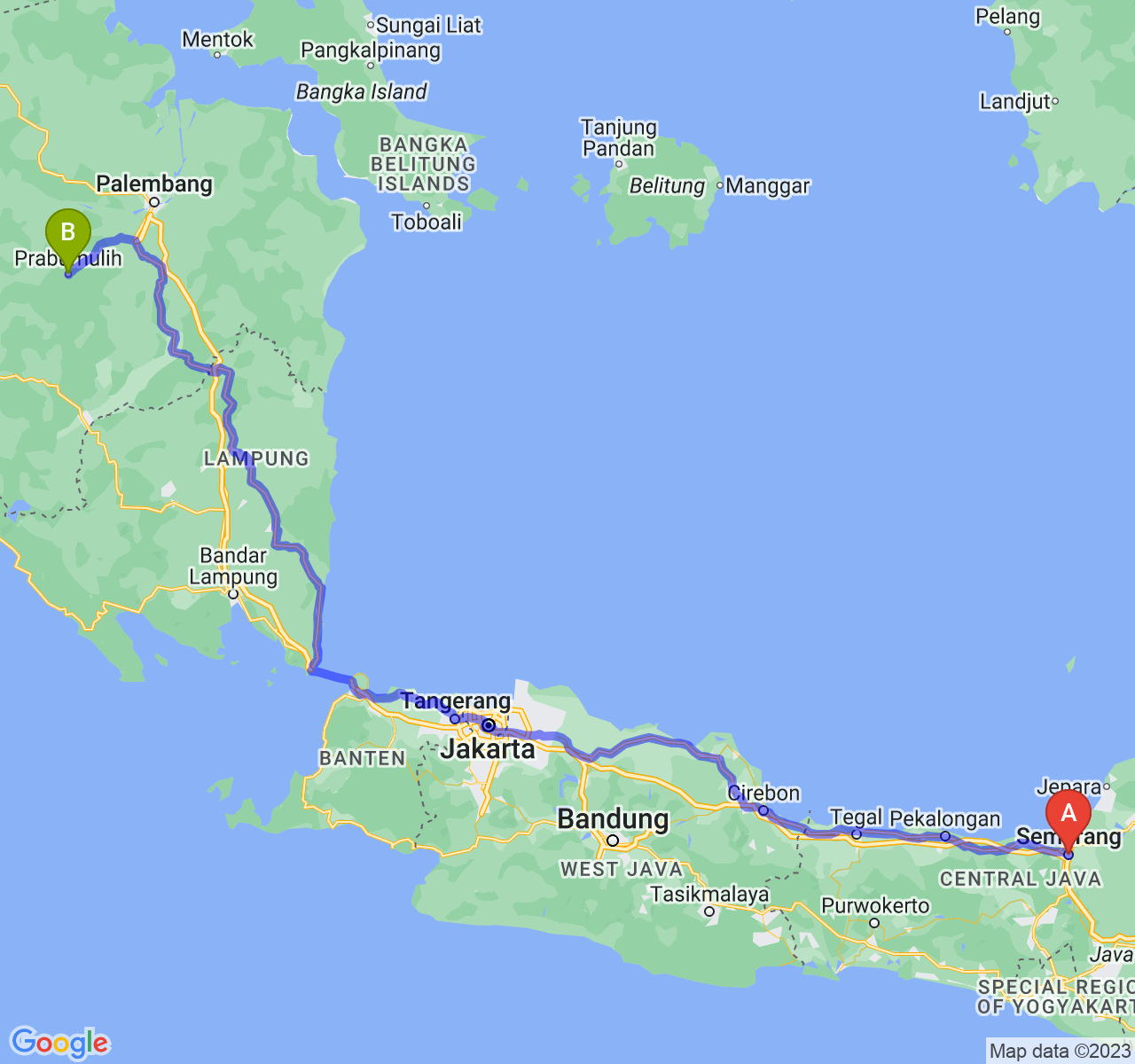 rute perjalanan Kota Semarang-Kota Prabumulih