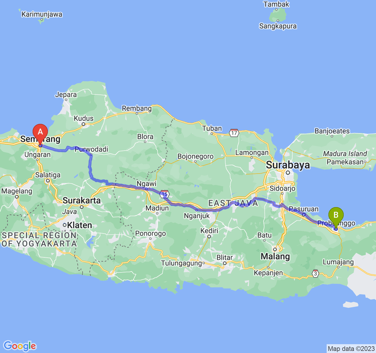 rute perjalanan Kota Semarang-Kota Probolinggo