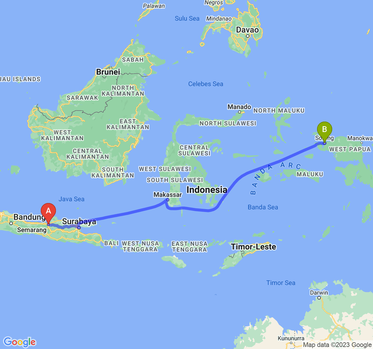 rute perjalanan Kota Semarang-Kota Sorong