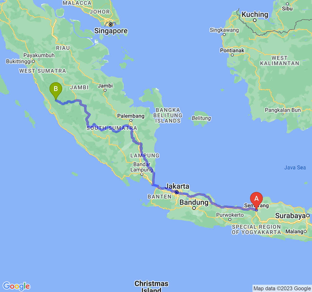 rute perjalanan Kota Semarang-Kota Sungai Penuh