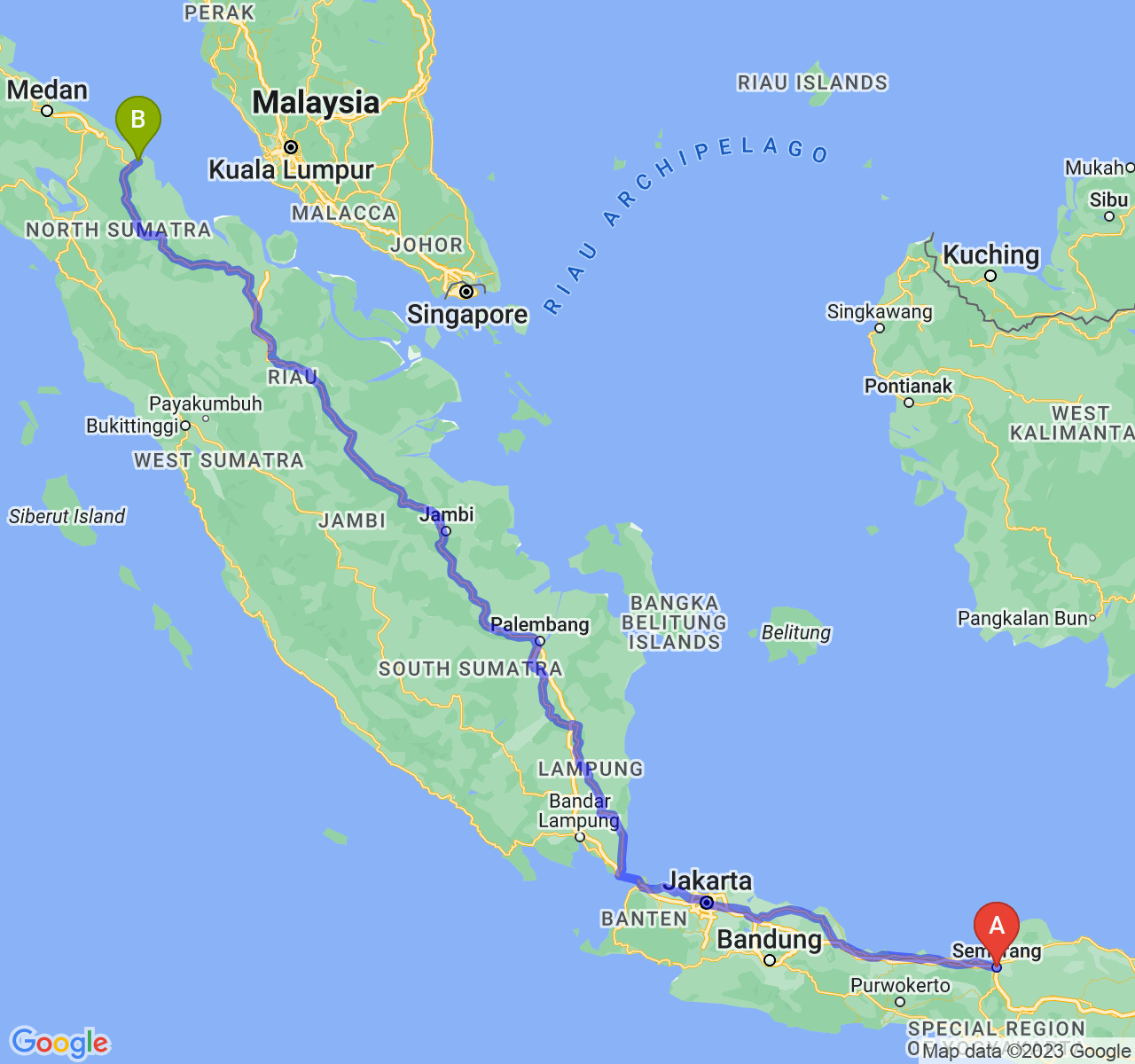 rute perjalanan Kota Semarang-Kota Tanjung Balai