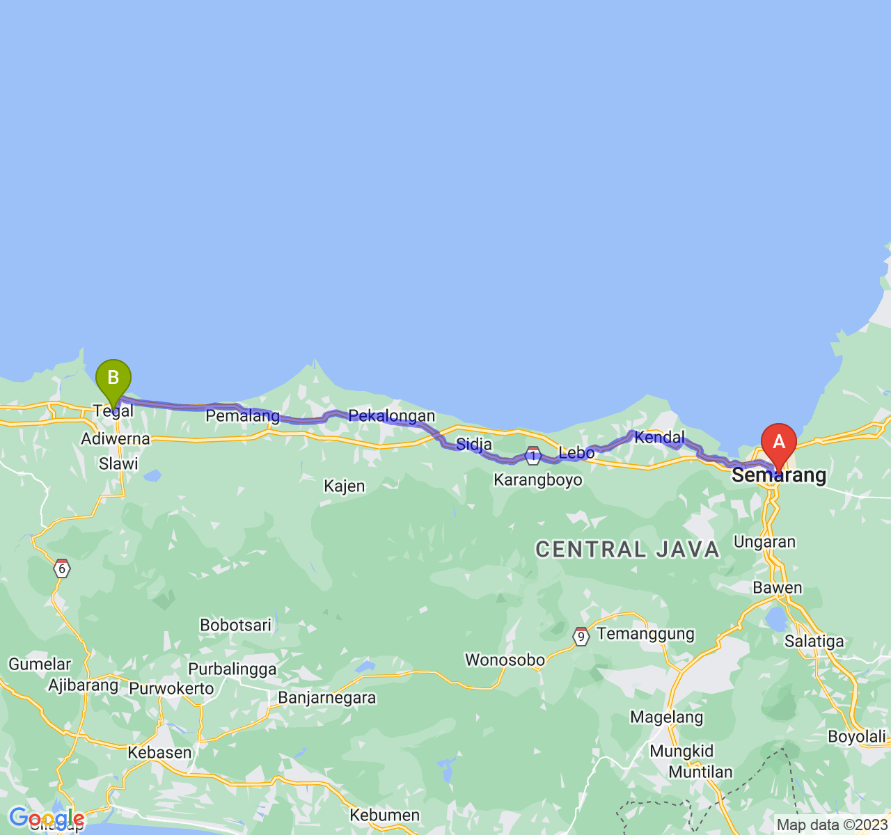 rute perjalanan Kota Semarang-Kota Tegal