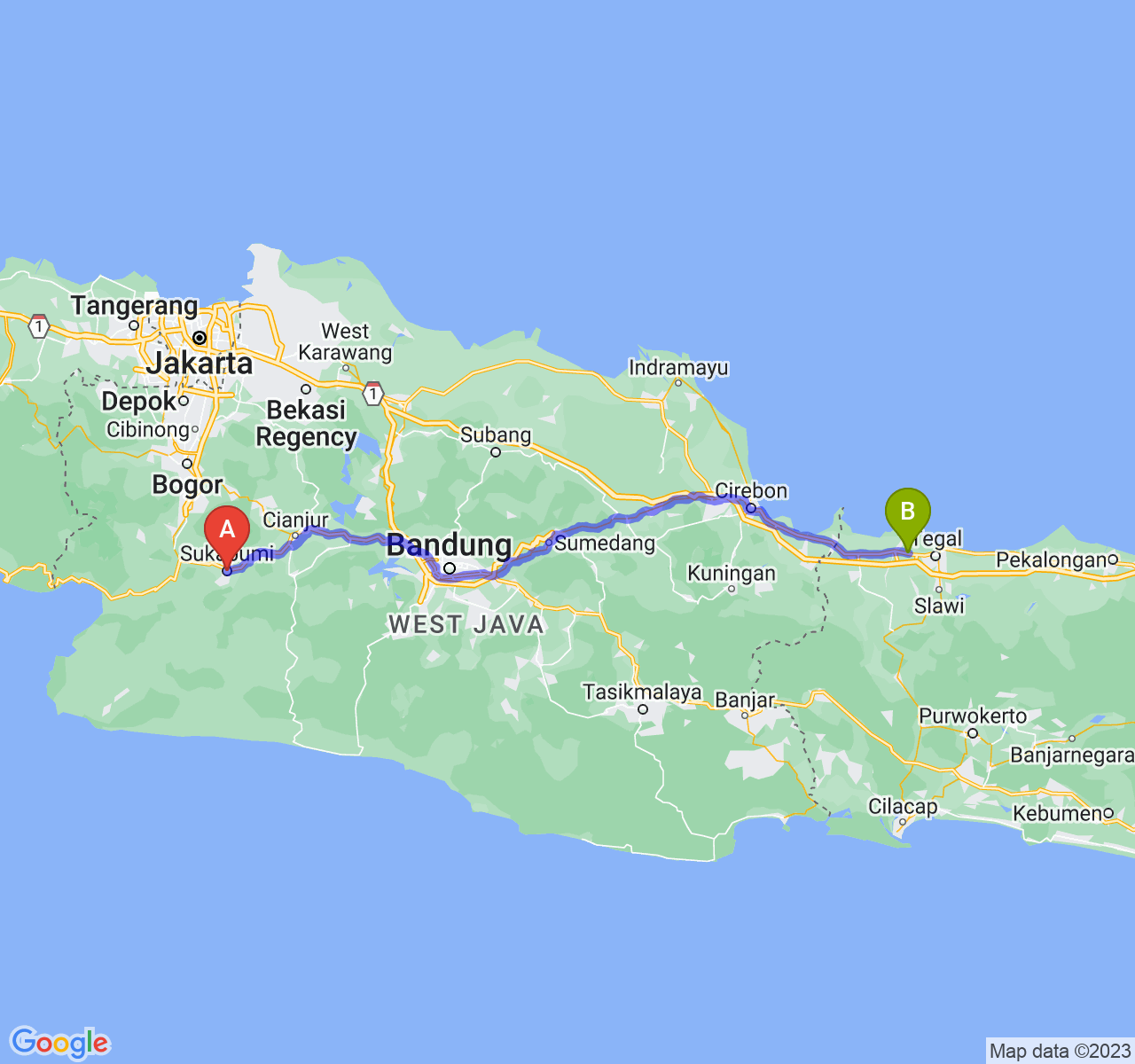 rute perjalanan Kota Sukabumi-Kab. Brebes