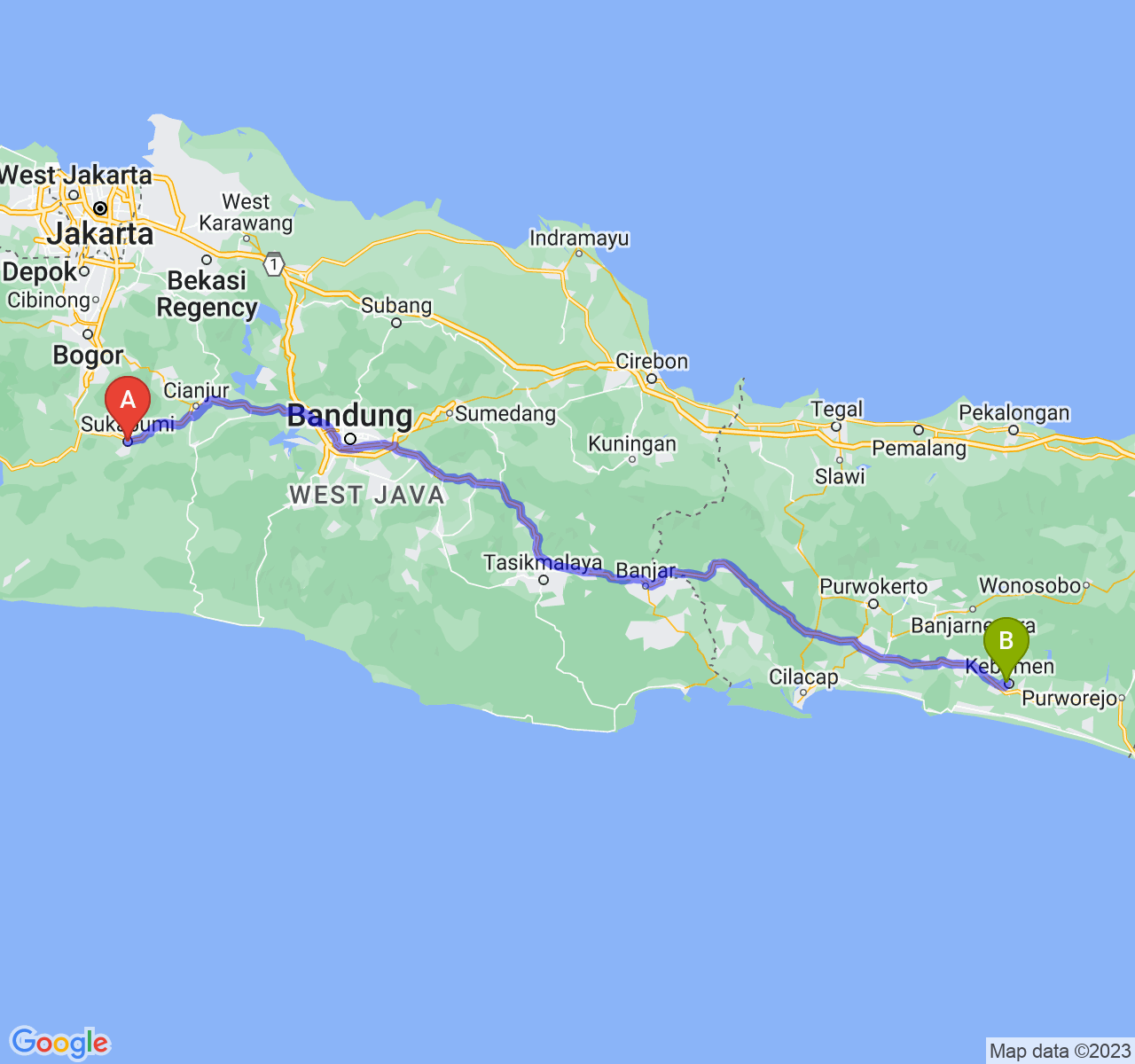 rute perjalanan Kota Sukabumi-Kab. Kebumen