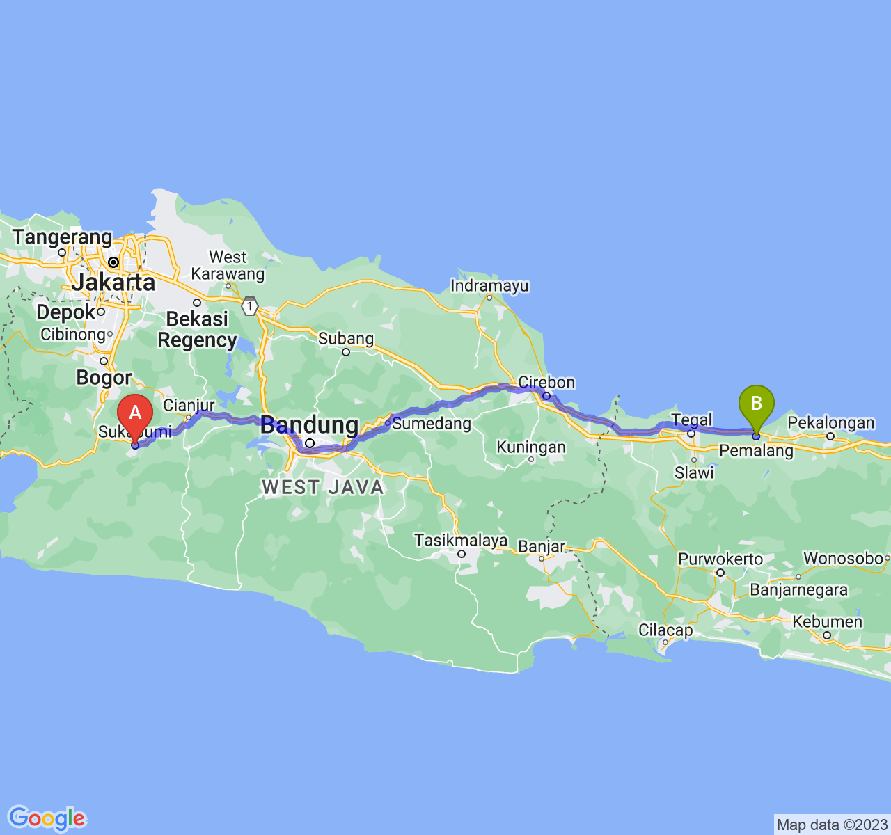 rute perjalanan Kota Sukabumi-Kab. Pemalang