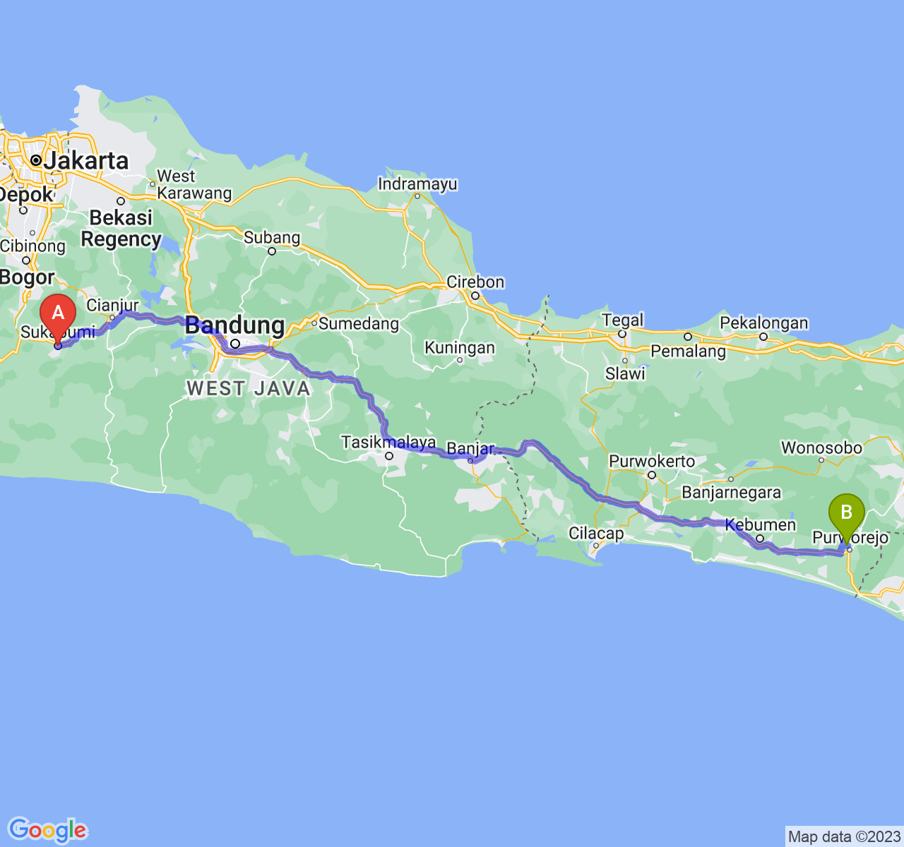 rute perjalanan Kota Sukabumi-Kab. Purworejo