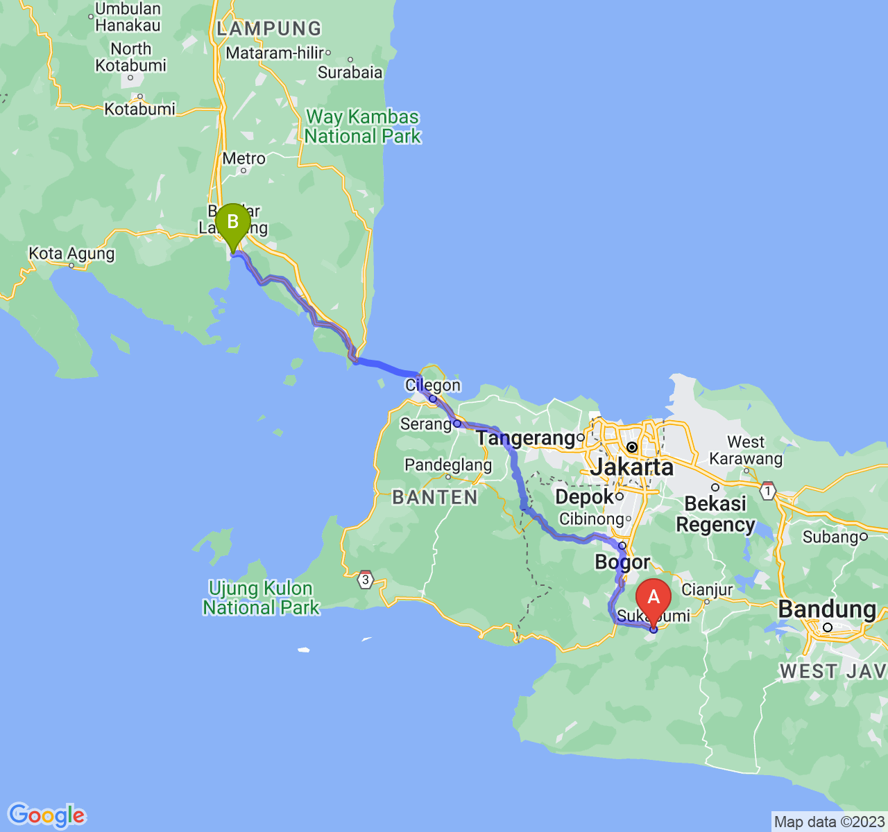 rute perjalanan Kota Sukabumi-Kota Bandar Lampung